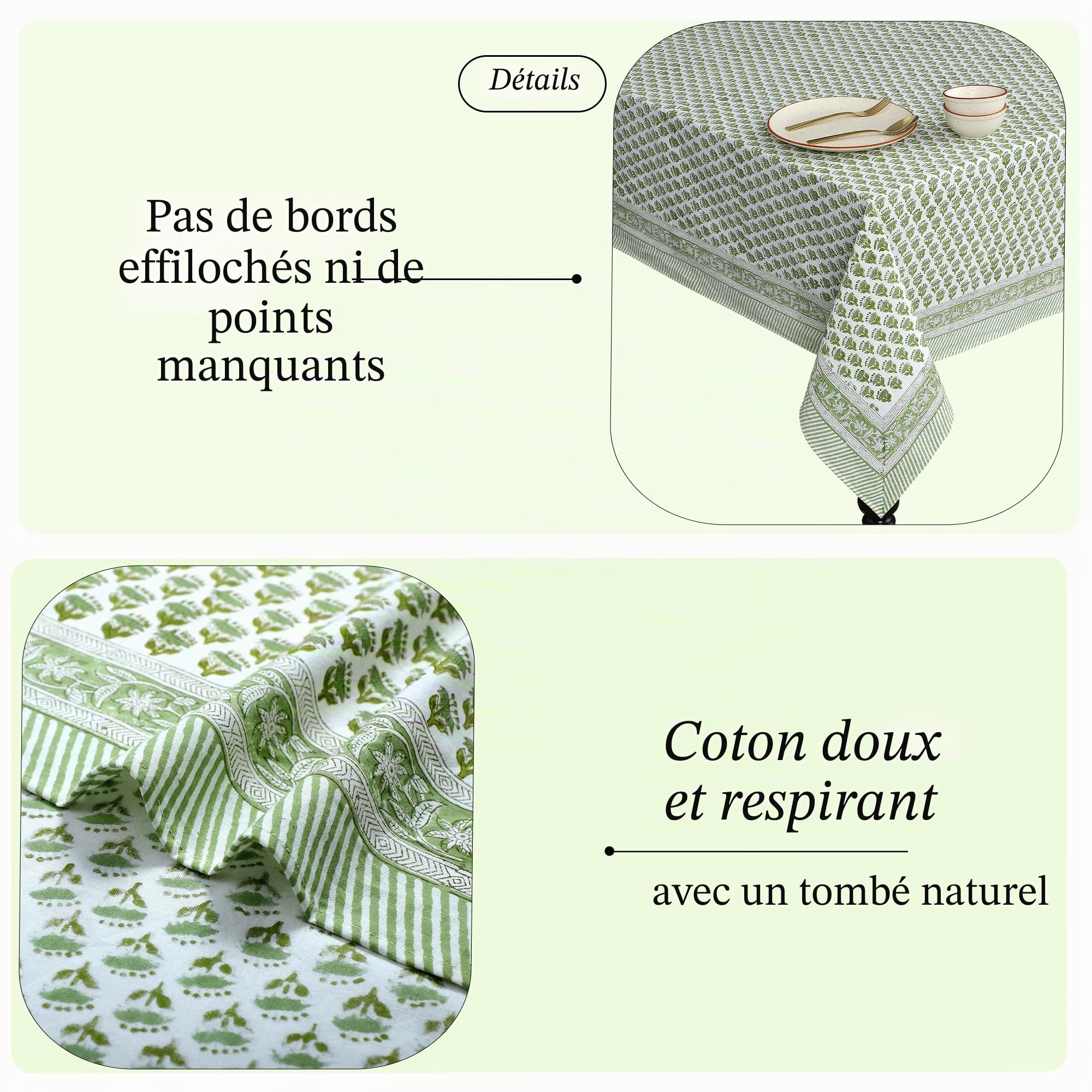 CPC Nappe rectangulaire 100% Coton – Imprimé à la Main Indien – 6 Places – Lavable et réutilisable – pour Maison, Restaurant, hôtel, événement et Utilisation Quotidienne – Vert émeraude