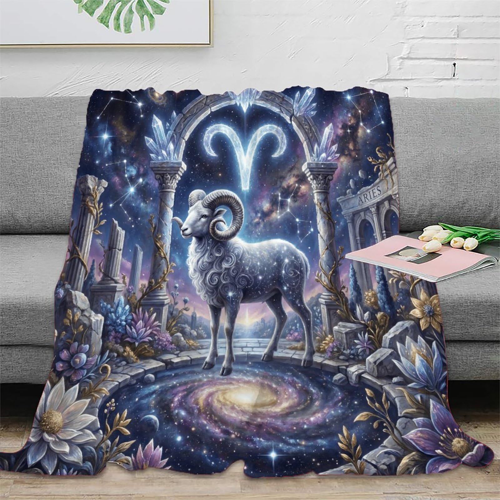 W7C8U2X3 Aries Zodiac Dreamy Galaxy for Flannel Throw Blanket, TV Time Sofa