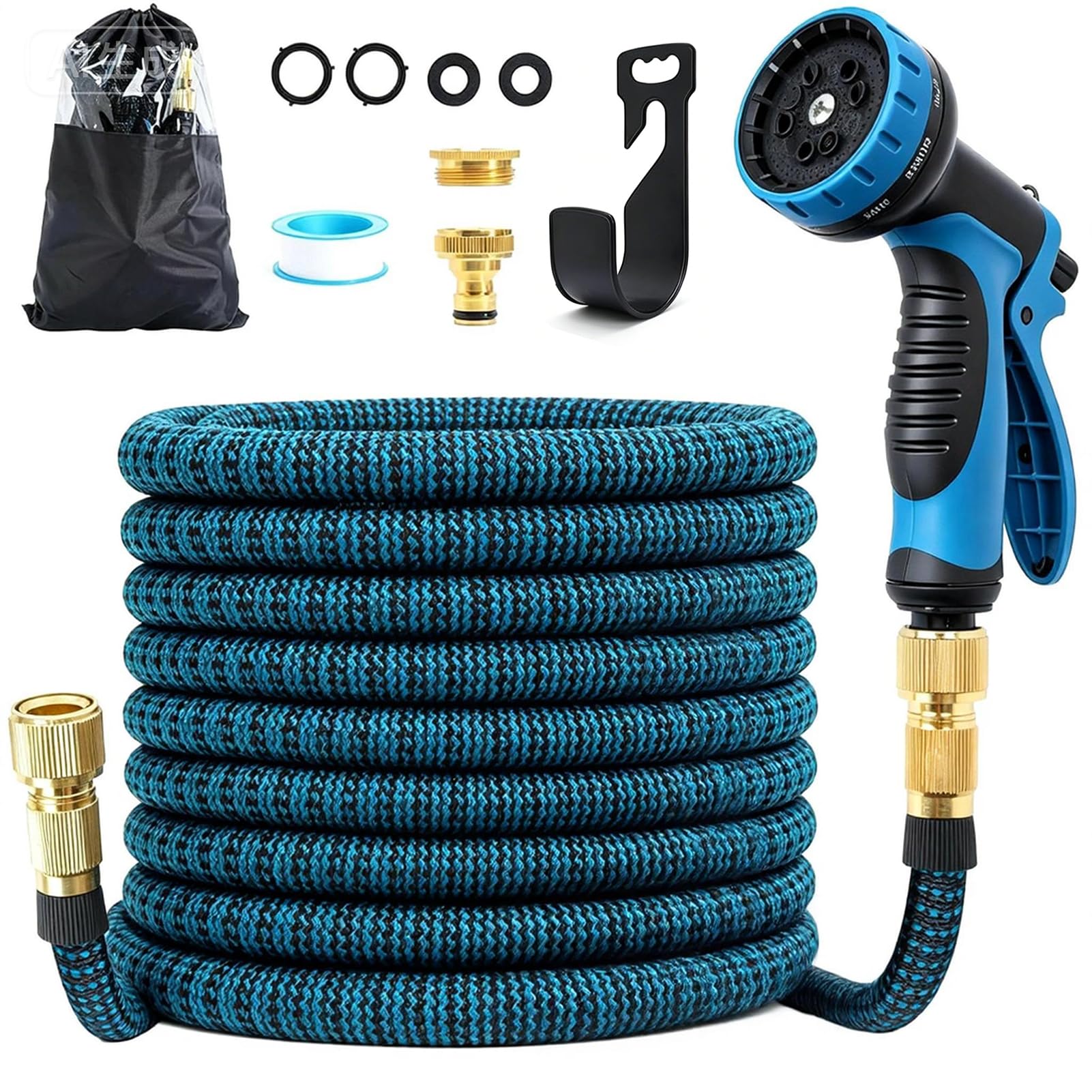 Tubo flessibile da giardino espandibile, 5 in 1, con pistola ad acqua in metallo ad alta pressione, lattice a 4 strati e raccordo in ottone massiccio da 1,9 cm, resistente per giardinaggio, lavaggio