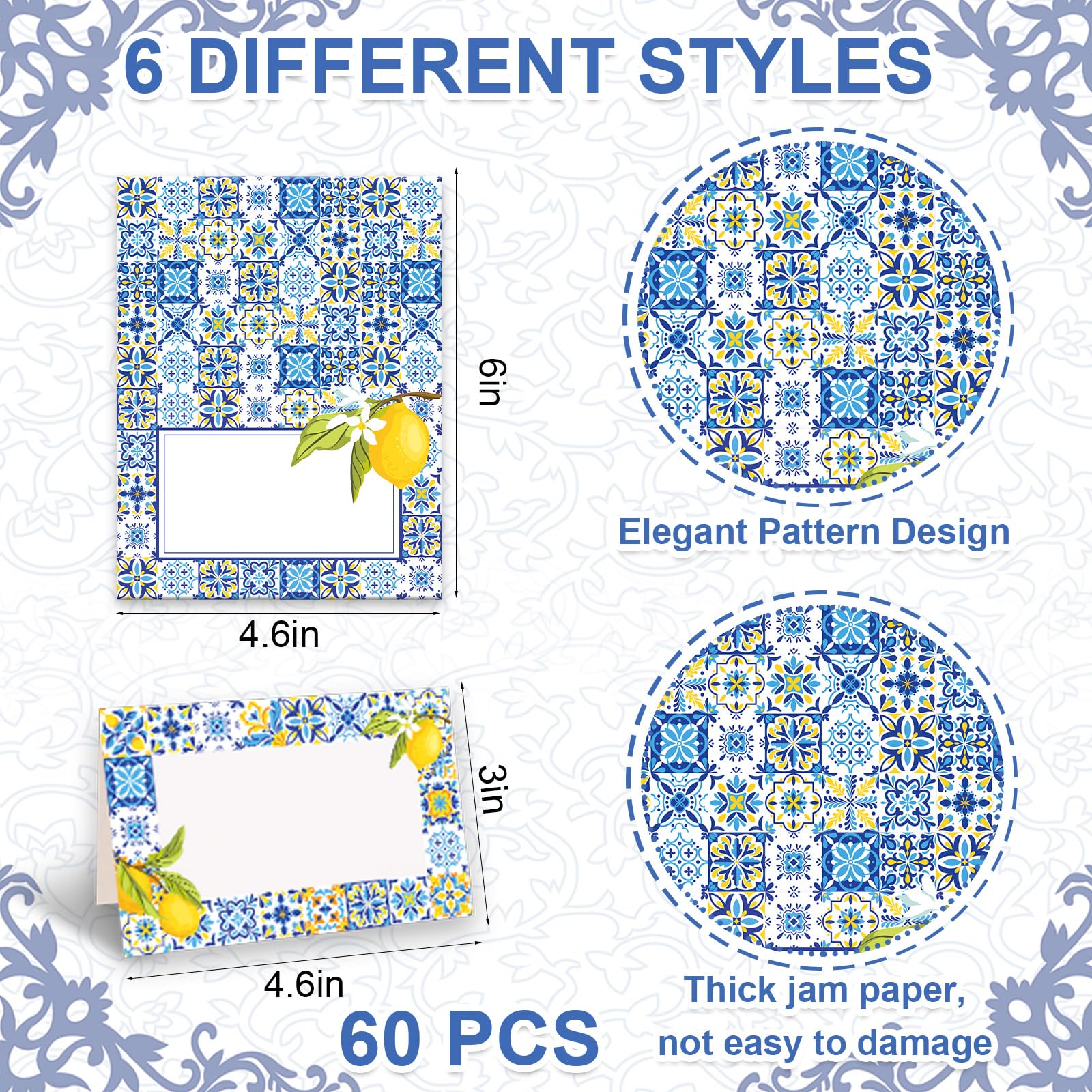 JarThenaAMCS Capri-Zitronen-Tischkarten, 11,7 x 7,6 cm, blaue Fliesen, gelbe Zitrone, Zelt-Namenskarten, Sommer-Zitrusfrüchte, blanko, Sitzzuordnungsetiketten für Party-Tischdekoration, 6 Designs, 60