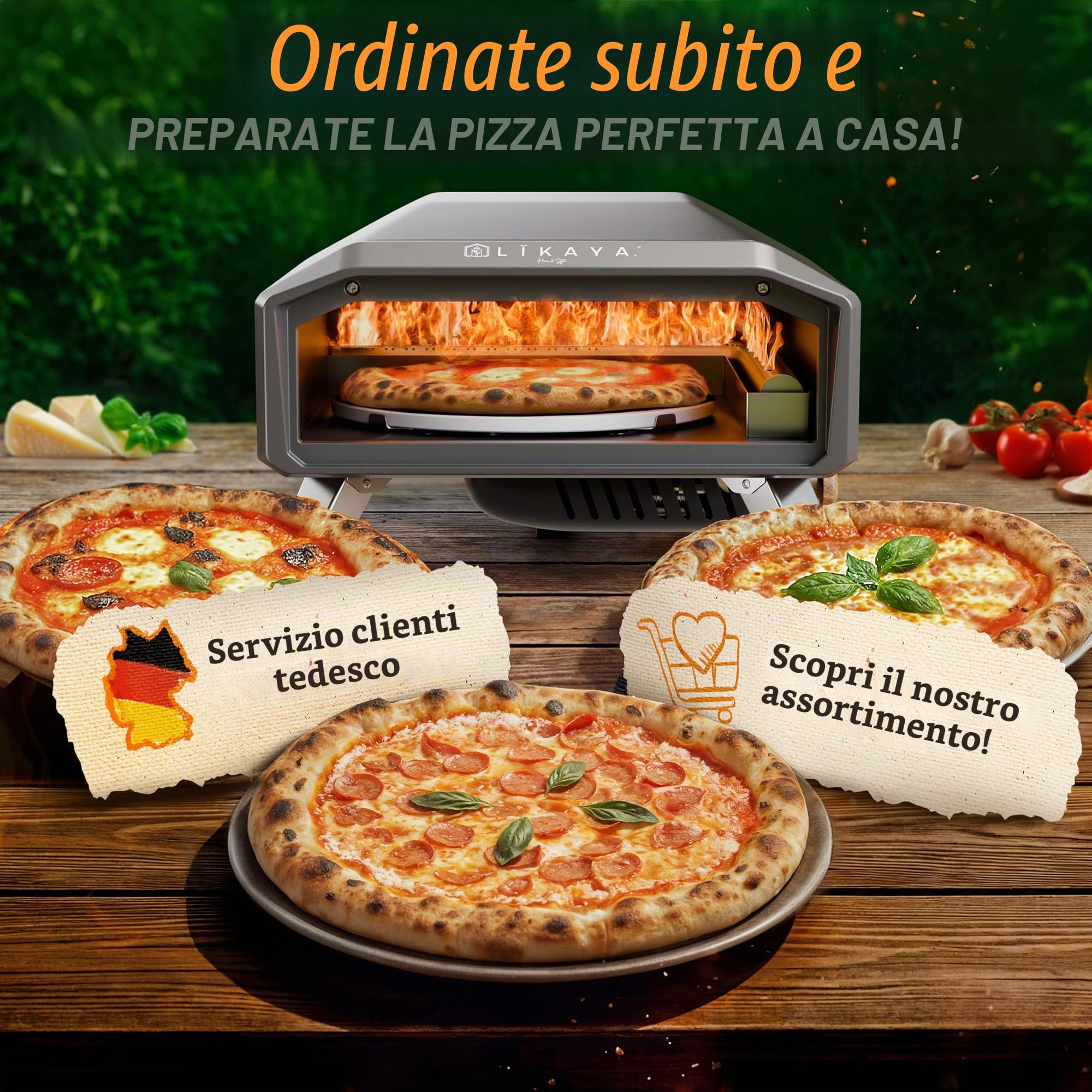LIKAYA NeroSpin - Forno per pizza a gas, 6,2 kW, per esterni, 450 °C, con pietra per pizza, piatto girevole, pala per pizza, borsa e termometro laser, per pizza croccante in soli 90 secondi