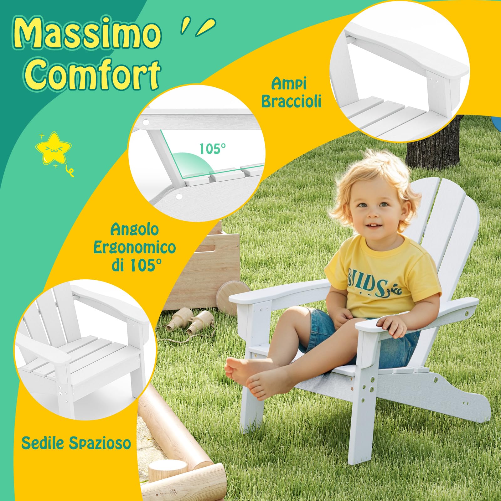 COSTWAY Sedia Adirondack per Bambini da Giardino, Sedie Ergonomica in HDPE con Schienale Inclinato e Braccioli, Poltrona per Interno ed Esterno, per Bambini 3 a 8 Anni, 52 x 53,5 x 64 cm (Bianco)