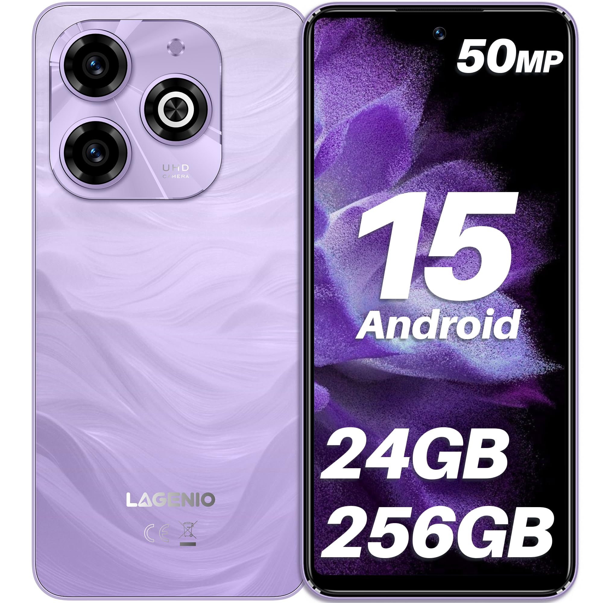 A11 Pro Téléphone Portable 24Go+256Go/1To TF, 50MP+8MP, Android 15 Smartphone Octa Core Unisoc T7250, 120Hz+6.7" HD, 5150mAh, Double 4G SIM/OTG/Widevine L1/GPS - Violet