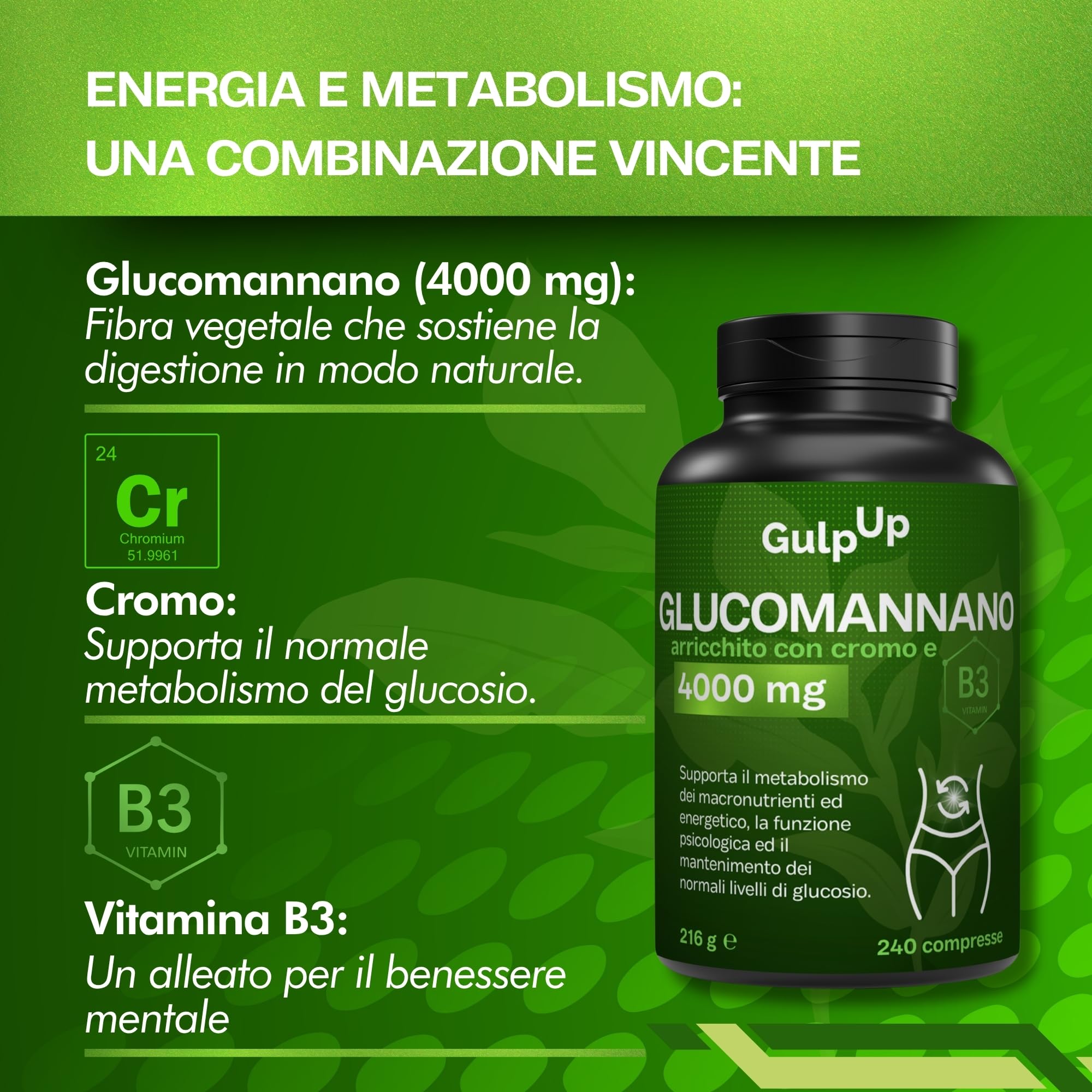 Glucomannano Purificato Forte 4.000MG 240 Compresse - Con Cromo e Vitamina B3 - Integratore Made in Italy - Favorisce il Senso di Sazietà