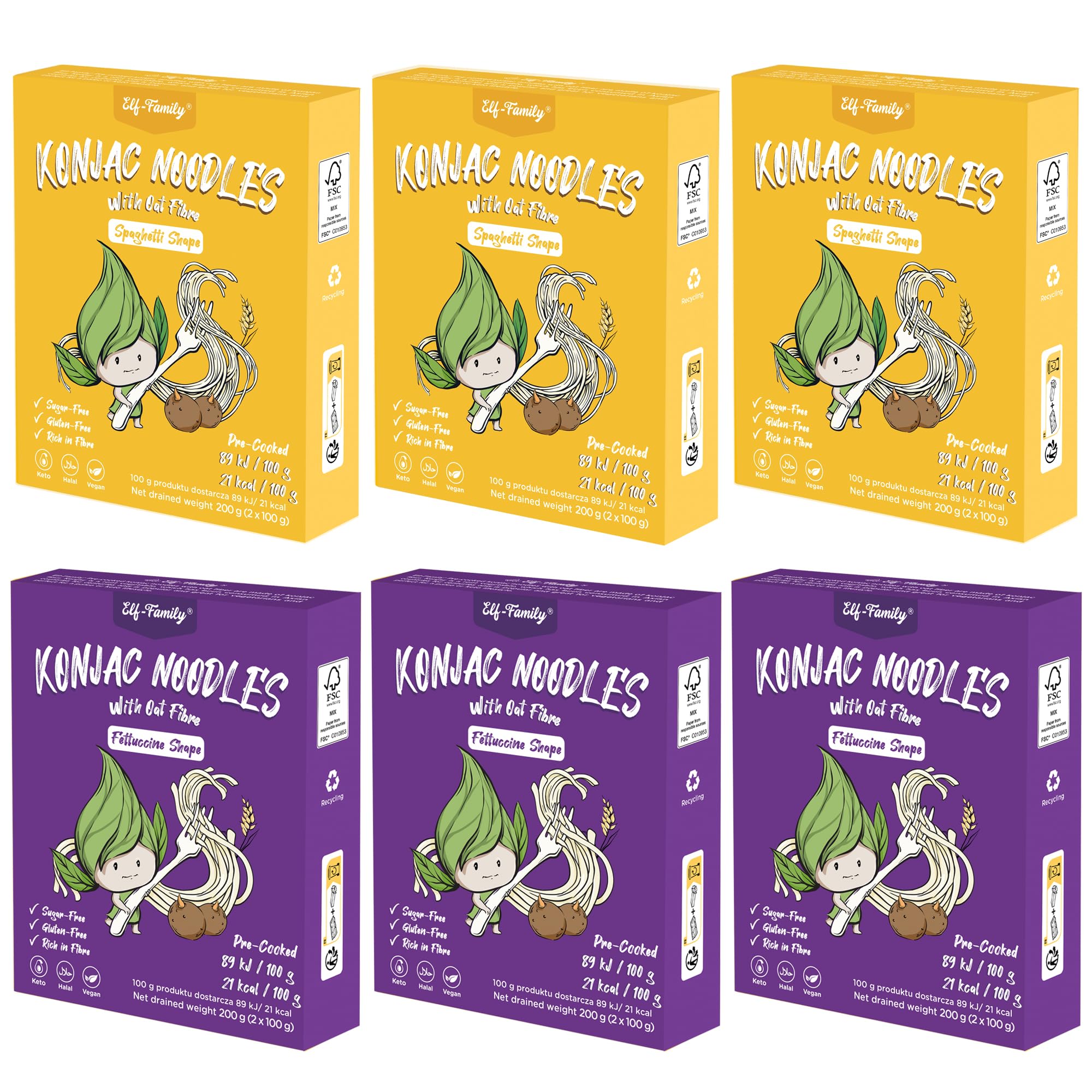 Premium Konjak Nudeln aus Thailand Vegan Glutenfrei-240g x72er Box(144 pack), Elf-Family Shirataki Nudeln Instant Nudeln Pasta/Keto/Low Carb/Kalorienarme/Zuckerfrei -Spaghetti & Fettuccine