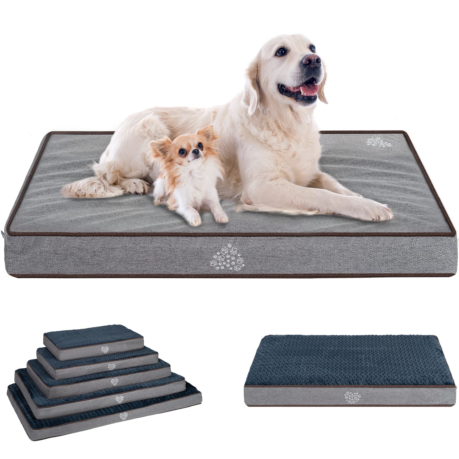 VANKEAN Dog Bed Soft Crate Pad Mat Reversible Cool & Warm, Washable Comfy Kennel Pad with Orthopedic Egg-Crate Foam for Small Medium Large Dogs, Water-Resistant Pet Bed, Gray/Dark Blue