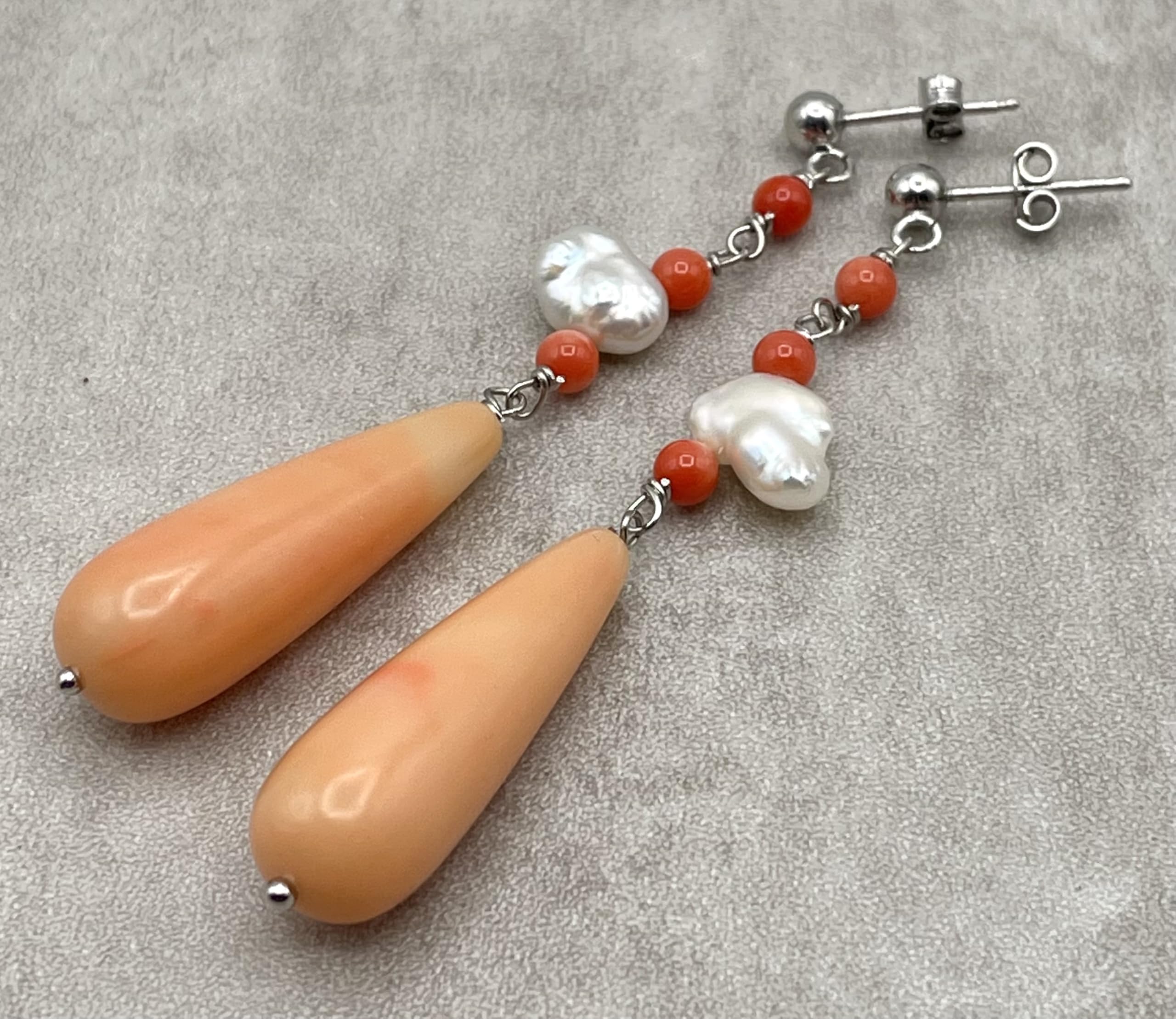 Orecchini Corallo Rosa e Perle Keshi, Pendenti in Argento 925 Made in Italy, Gioielli Pietre Naturali, Bijoux Artigianali, Regalo per Lei