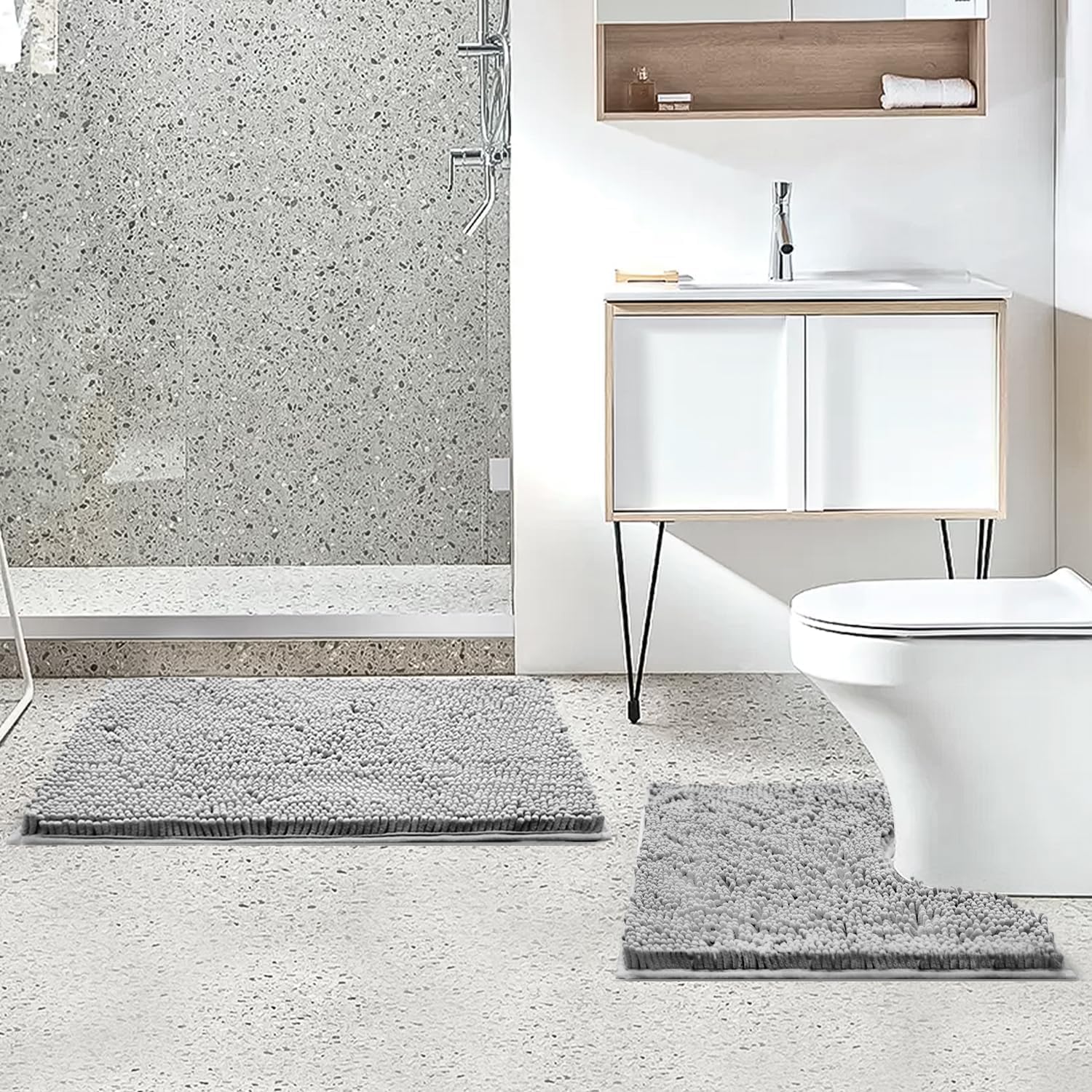 Condition photo showing Good Condition for Bathroom Rugs Sets 2 Piece,Super Absorbent Soft,Thick,Machine Washable Chenille Bath Mat,Non Slip Toilet Floor Rug,Bath Mats for Bathroom,20x32 Plus 20x20 U Shape,Light Grey Light Grey 1'8" x 2'8" (20x32''+20x20''U shape)