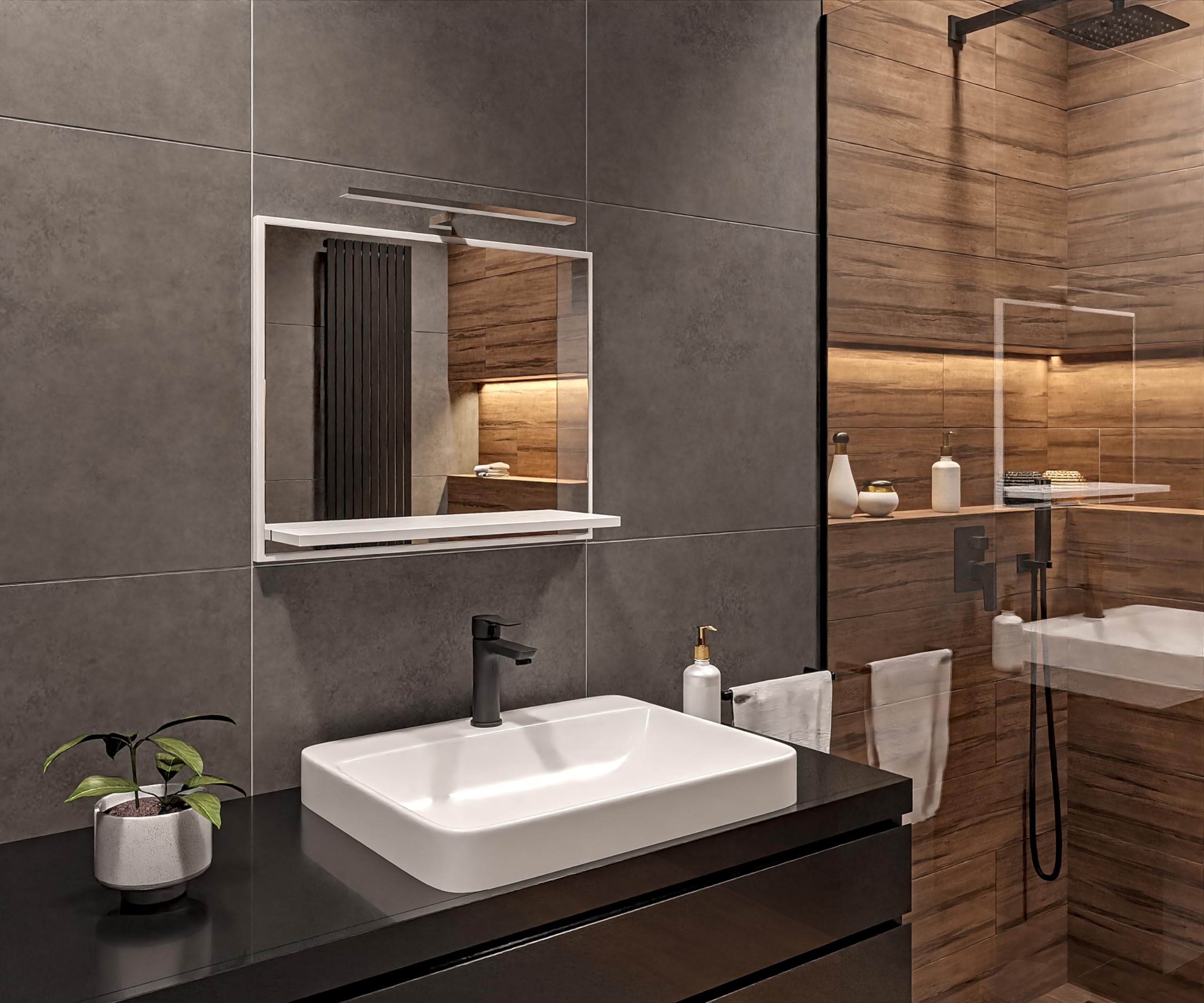 Specchio Bagno con Luce da Parete Bianco A: 50 cm x L: 60cm con Mensola - Specchio da Bagno LED Retroilluminato con Ripiano, IP44 Impermeabile