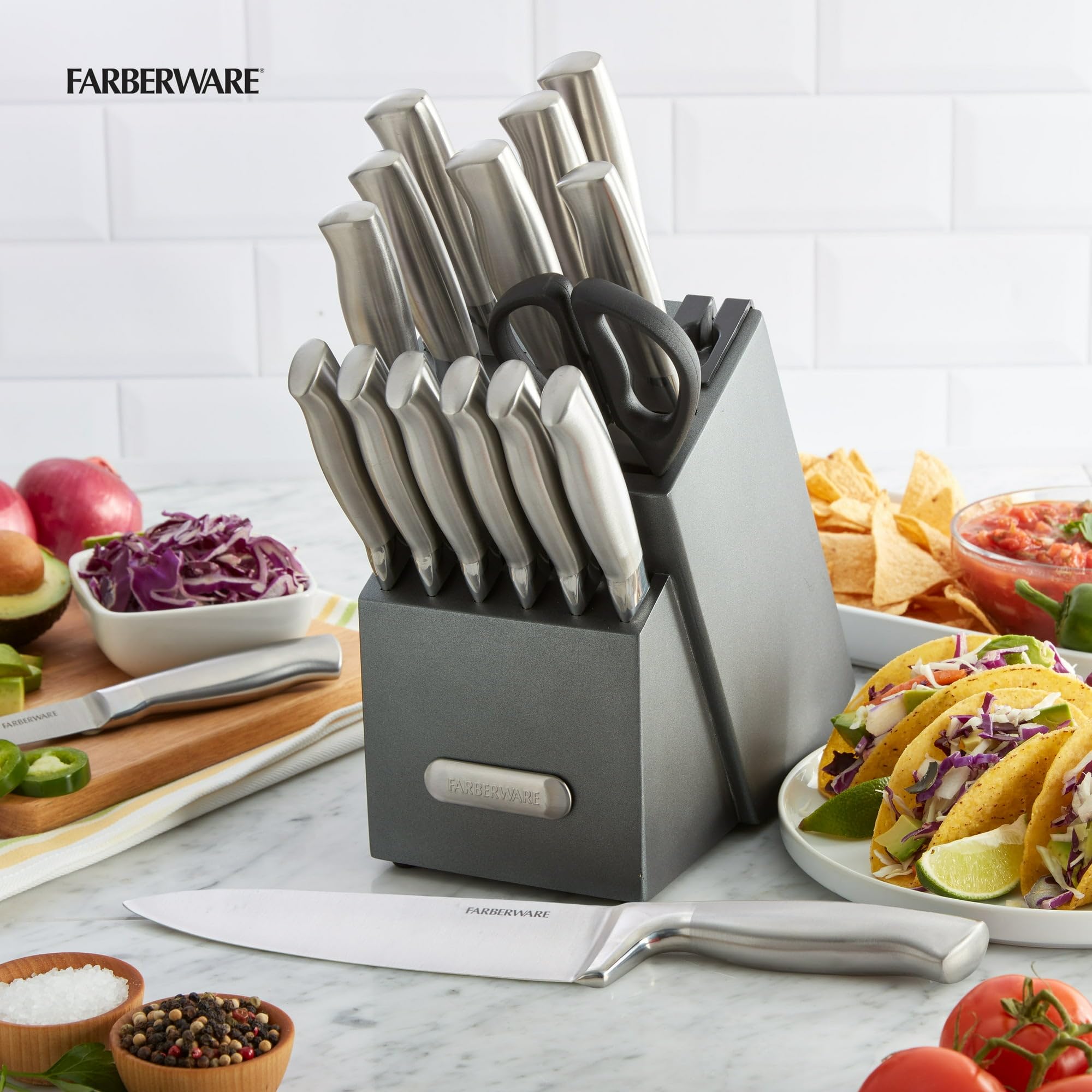 EdgeKeeper Professional 17-Piece Stainless Steel Knife Set Block Built-in Knife Sharpener - FORGED HANDLES: Are Crafted From Stainless Steel And Are Ergonomically Designed For A Comfortable Grip