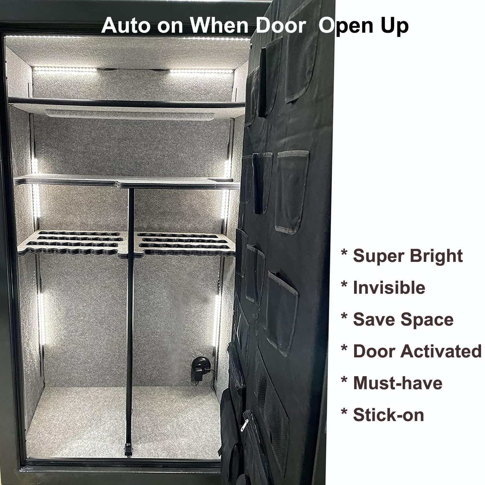 Door Activated Safe Light Kit, 6 Pack 12 Inch 5000K Black Led Safe Lighting Kit with Power Adapter, Self-Adhesive - Ideal for Safes, Closets, and Pantries