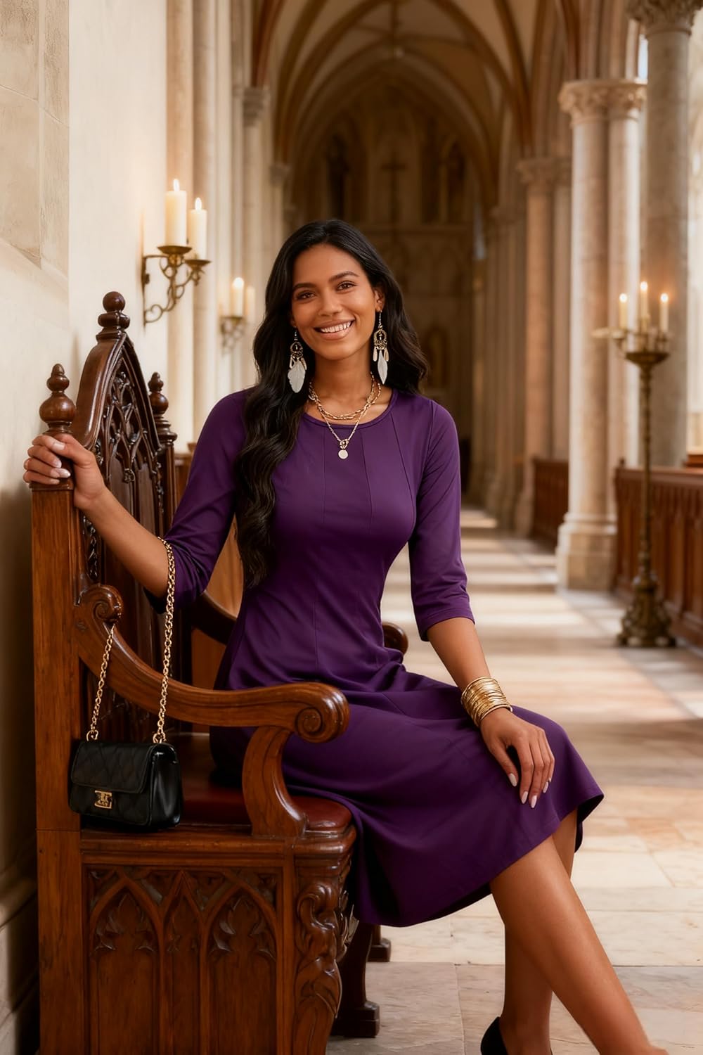 CLOCOR Casual Midi Dresses for Women A-Line Fit and Flare Elegant Church 3/4 Sleeve Crew Neck Dress with Pocket - Image 3