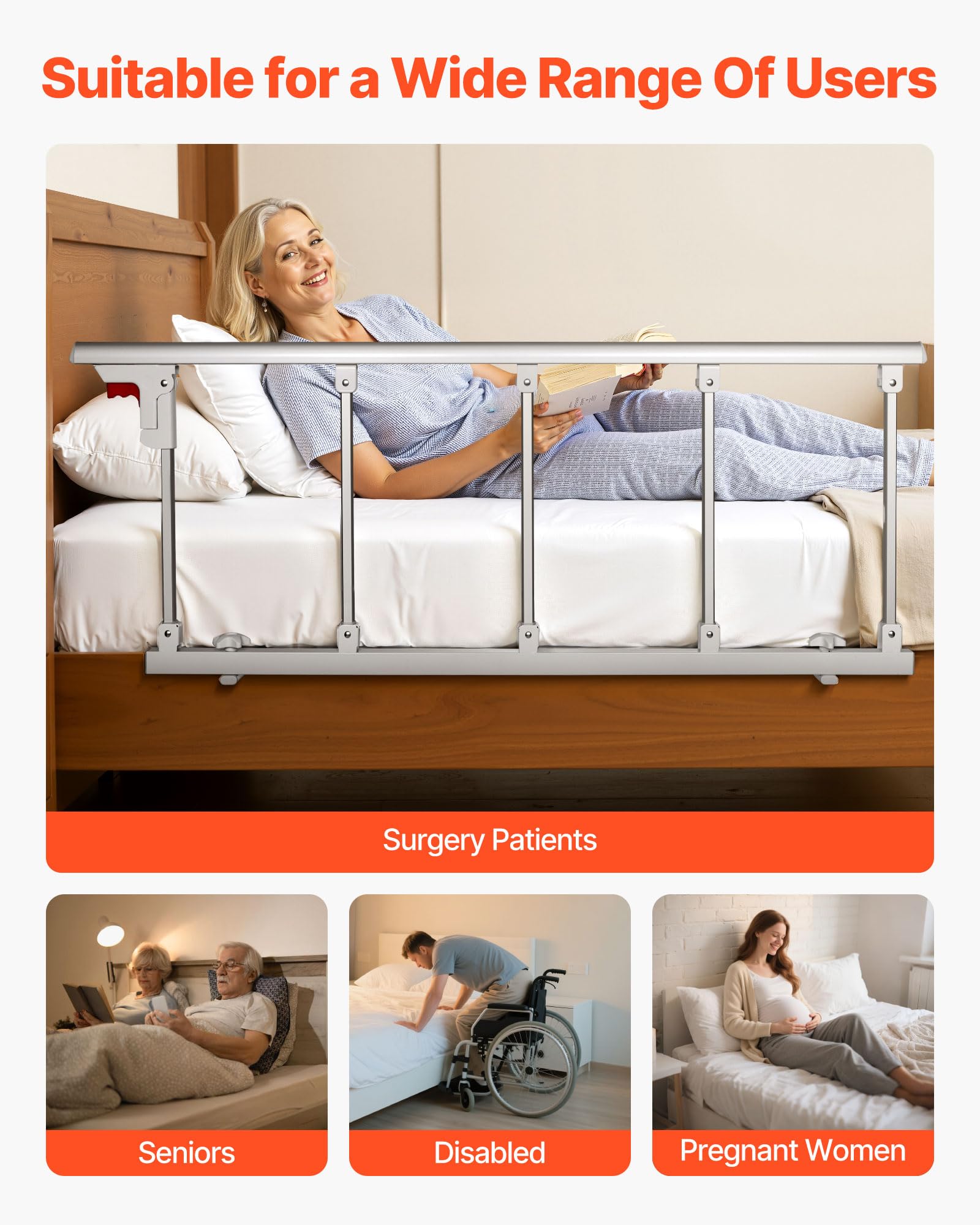 VEVOR Sponda Letto Pieghevole per Anziani, Sponda di Supporto da 122 cm in Metallo con Cinghia di Fissaggio, Bastone da Comodino con Tubo Regolabile in Altezza, per Letto King, Queen