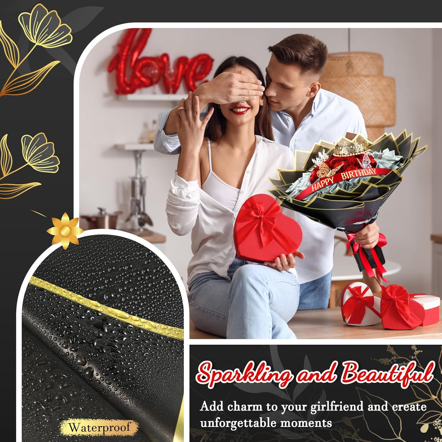 Maysing Money Bouquet Kit 12 Pcs Glitter Roses 20 Sheet Flower Wrapping Paper DIY Flower Bouquet Floral Foam Blocks Sticker for Anniversary Birthday Mother's Day Graduation(Red) - Image 4