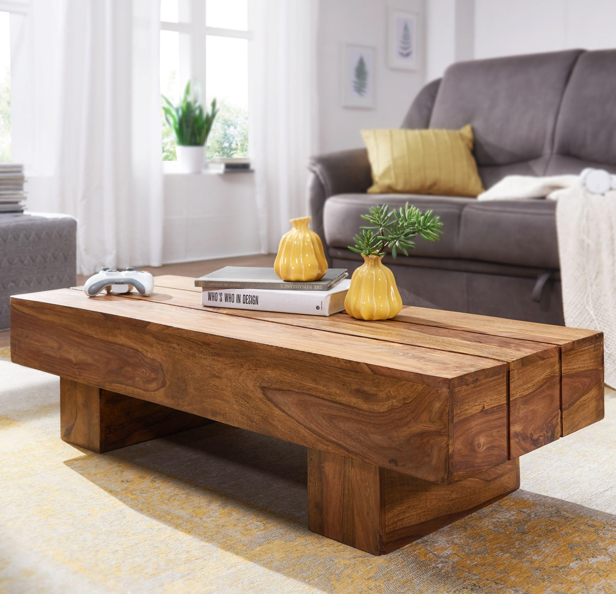 FineBuy Couchtisch 120x45x30 cm Sheesham Massivholz Braun, Block-Design