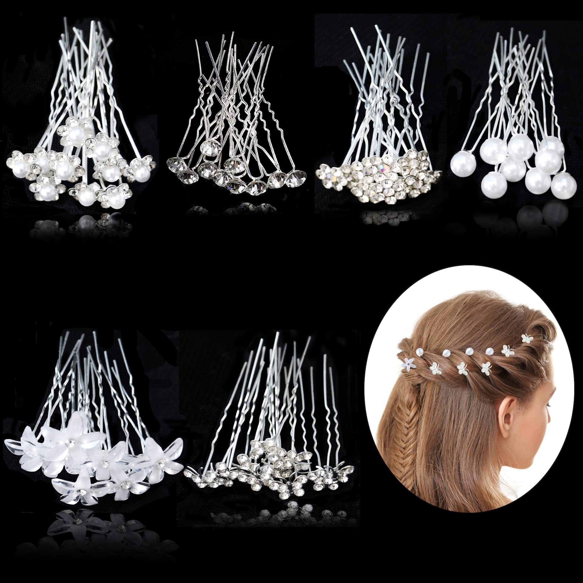 YOOBNG Wedding Hair Clips 60 Pieces Hair Accessories Wedding Pearls and Flowers Hair Pin U-Shaped Rhinestone Hair Pin Crystals Wedding Bridal Hair Accessories for Women Girls Wedding Prom