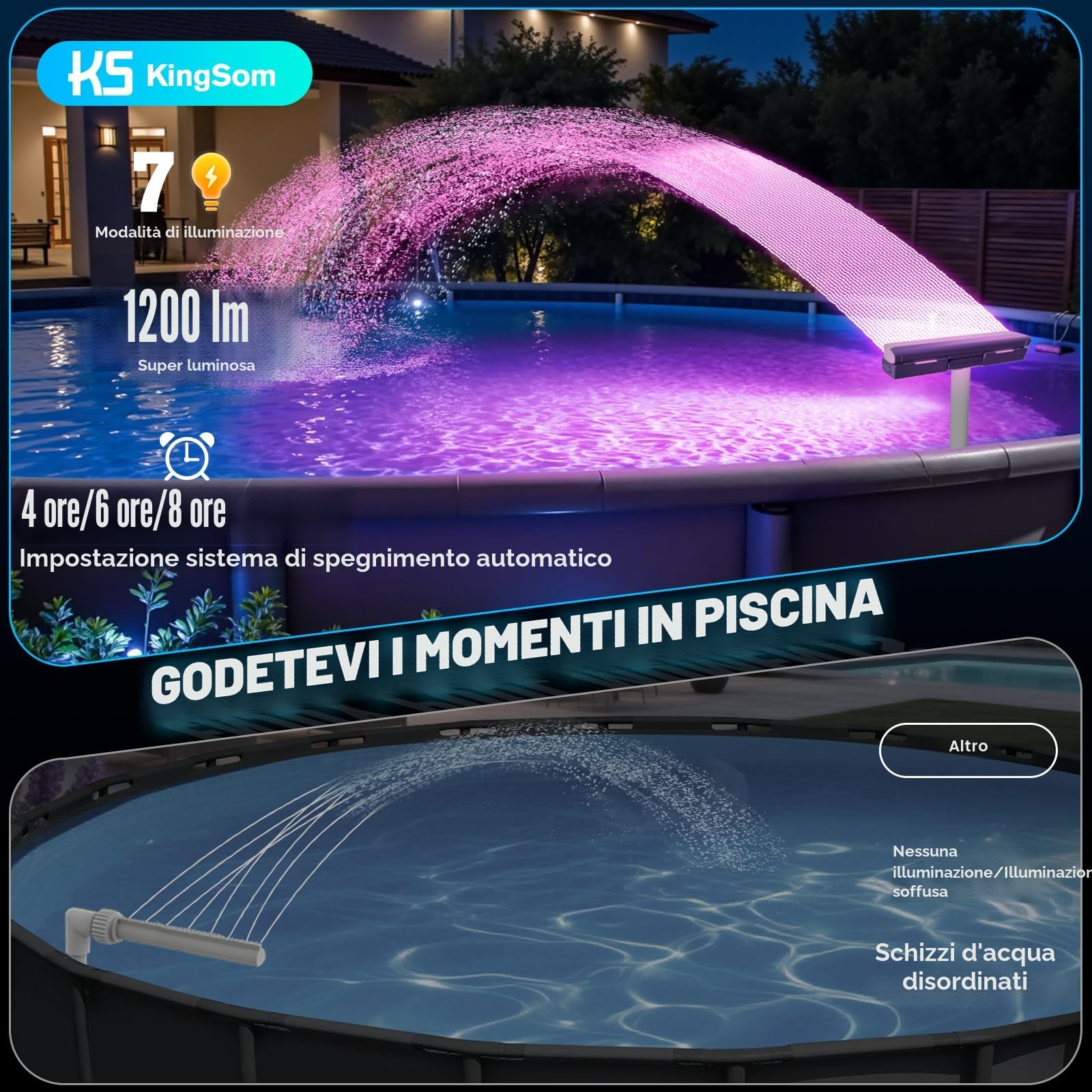 KingSom Cascata per piscina con luce LED, fontana con telecomando e bottoni, fontana per piscina all'aperto e piscina scavata-Viola