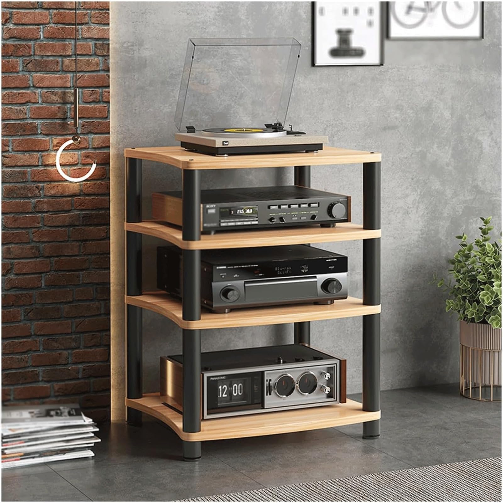 Moderno estante de almacenamiento de madera de 4 niveles, estante versátil para DVD/consola de videojuegos, elegante organizador de centro de entretenimiento con diseño que ahorra espacio