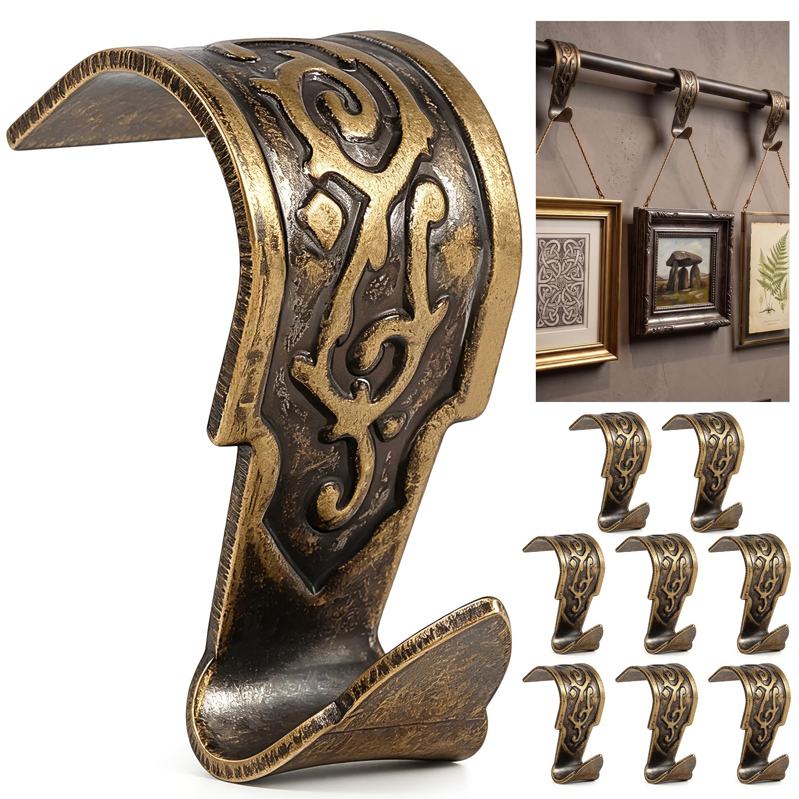 Moxweyeni 8 Pcs Thicken Picture Rail Hooks Heavy Duty Solid Brass Vintage Retro Molding Hooks Polished Lacquered Finish Picture Rail Hangers for Gallery Artwork Photos Display Hanging System (Bronze)