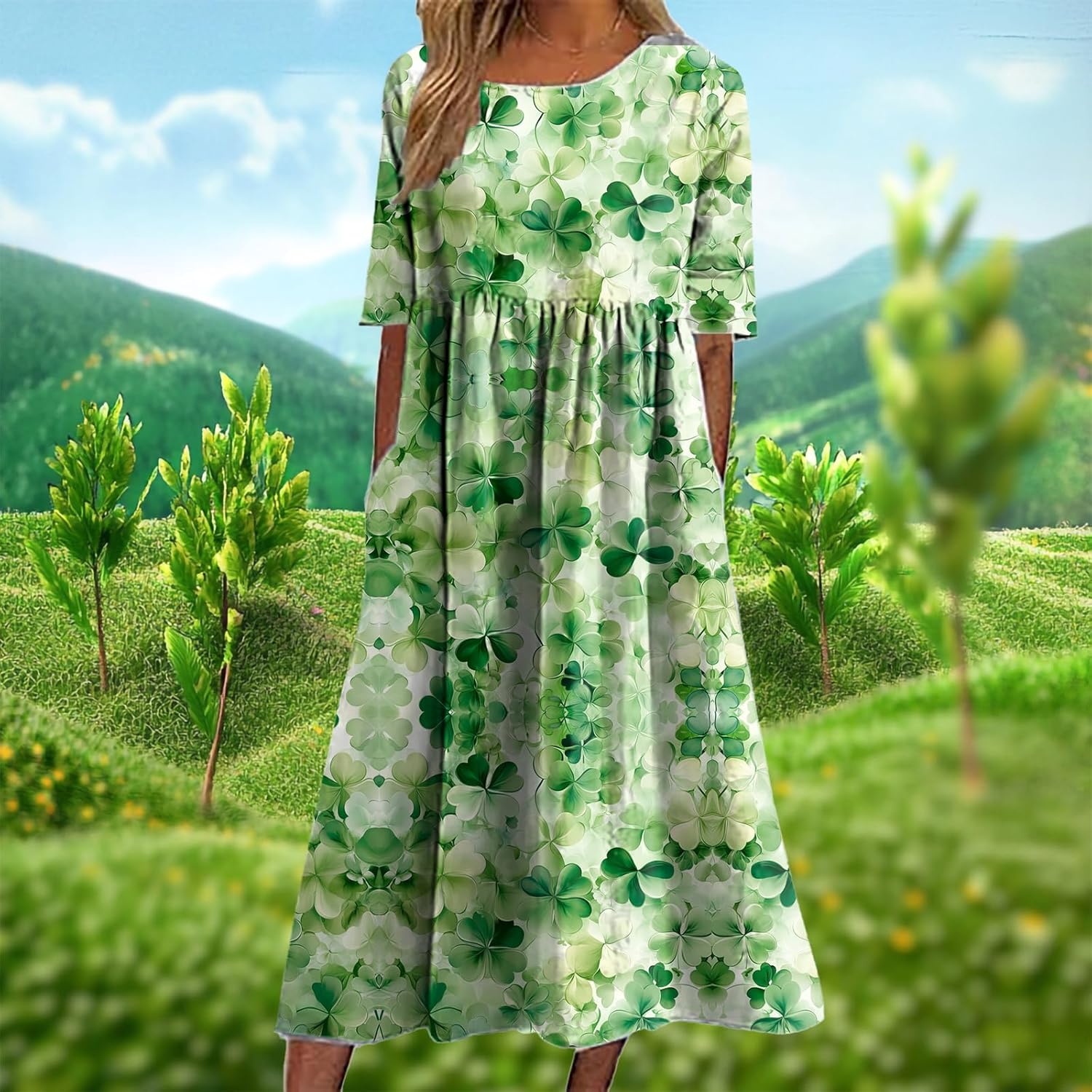 Green Floral Dress for St Patricks Day Shamrock Print Crewneck Short Sleeve Casual High Waist Maxi Dress for Women - Image 2