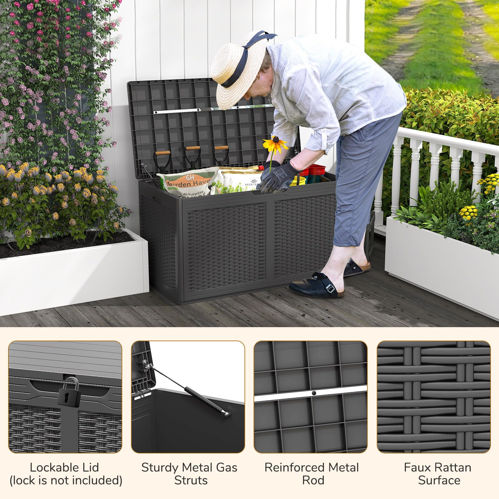 RELAX4LIFE 380L Cassapanca da Esterno, Contenitore da Patio Chiudibile a Chiave con 2 Ruote, Superficie in Finto Rattan, in Resina Impermeabile per Cuscini, Attrezzi (GRIGIO)