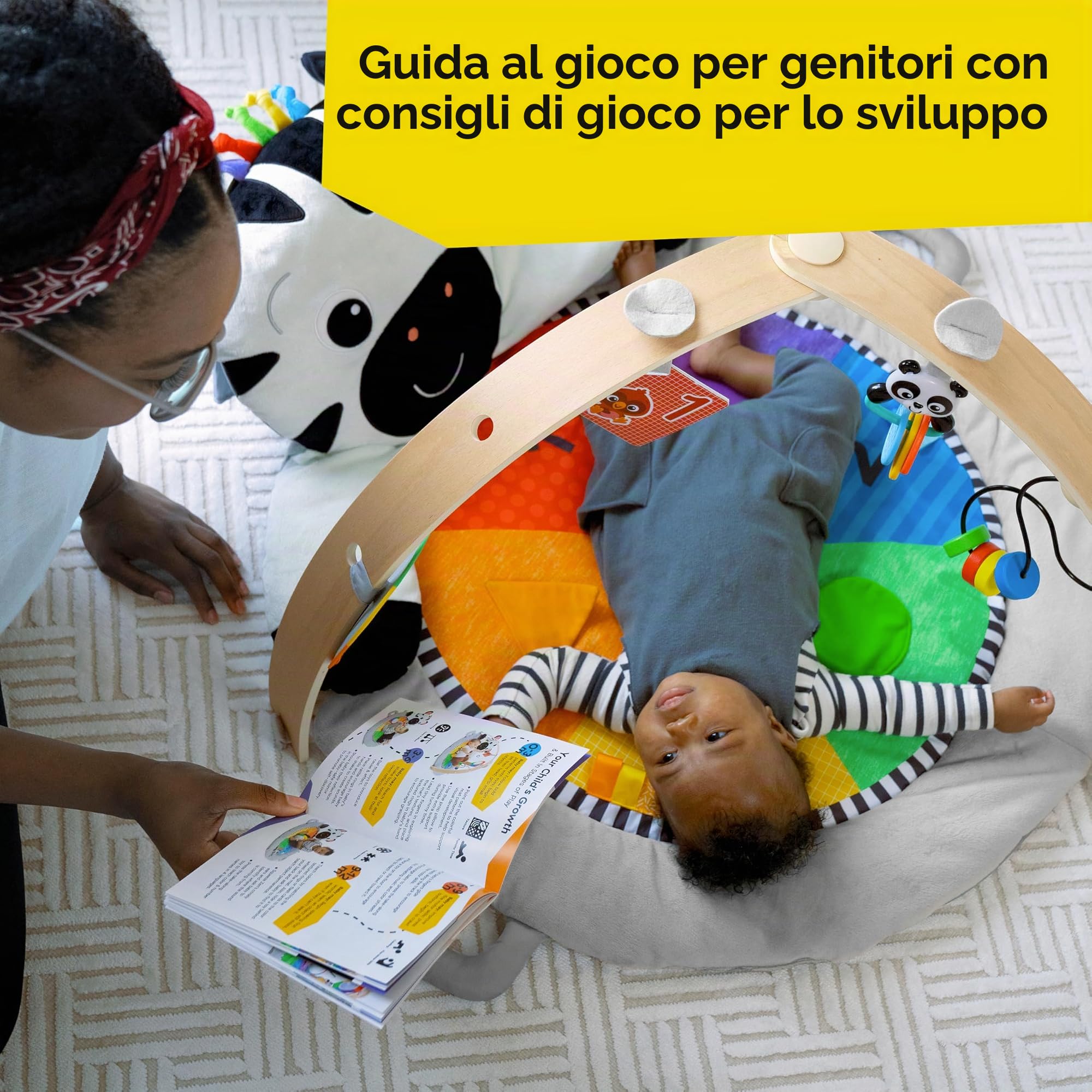 Baby Einstein Palestrina in peluche Zen’s Activity Milestones, con barra in legno, per neonati e bimbi, 0-12 mesi, lavabile in lavatrice