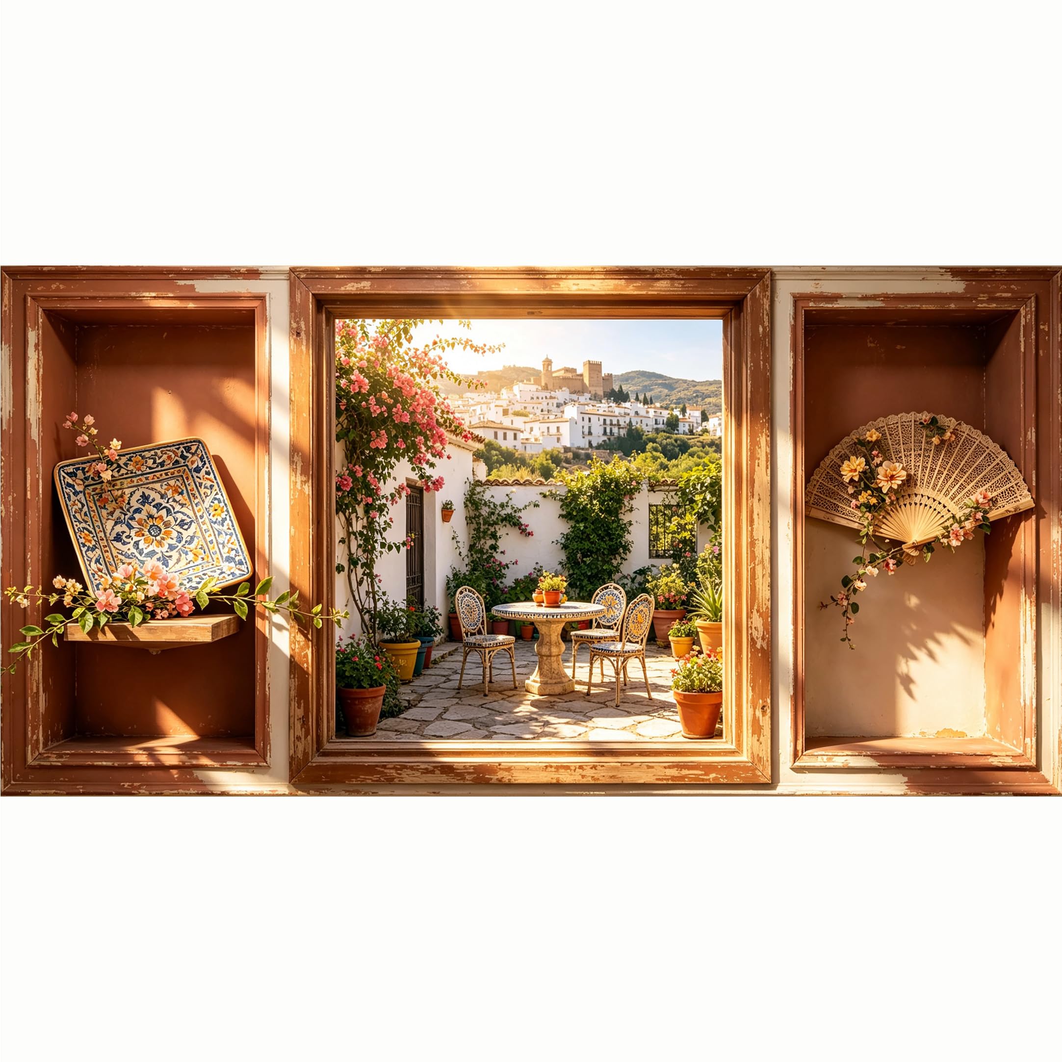 QZLITHOTIC 50x100cm 3D Framed Wall Art， Mediterranean Courtyard Landscape Self‑Adhesive Mural， Water‑Activated Peel & Stick Fabric Decor Wall Decal for Bedroom Living Room