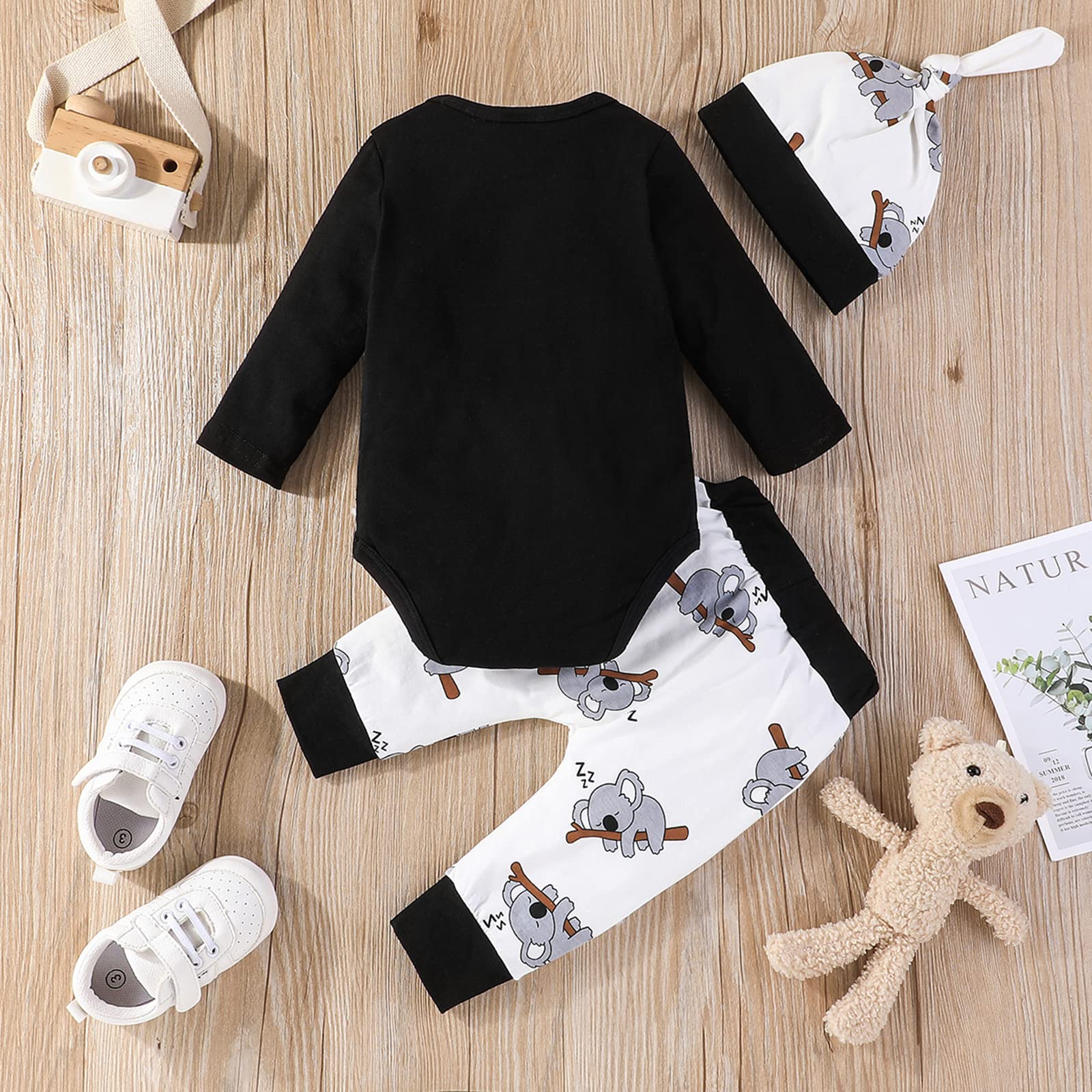 Geagodelia - Ropa de bebé recién nacido para niña con estampado de Koala Bear mameluco de manga larga y pantalón + gorro de 3 piezas, traje de primavera otoño