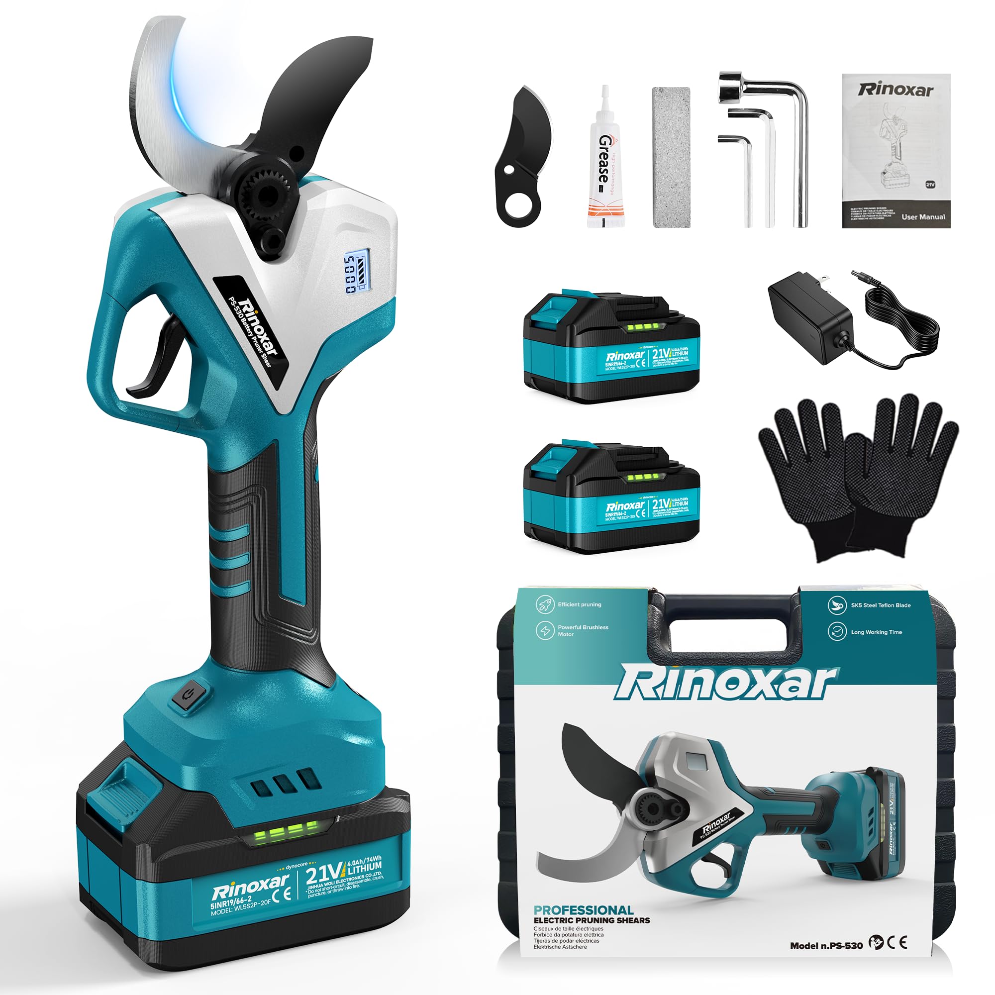 Akku Astschere 50 mm Profi, Elektrische Gartenschere Kabellos mit 2 x 4000 mAh Akku, Bürstenloser Motor, LCD-Display, Astschneider für Garten, Äste und Obstbäume