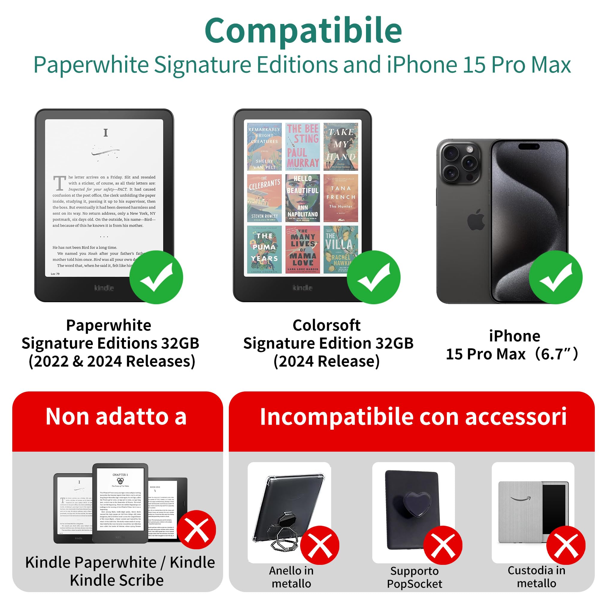 PlusAcc Dock di ricarica wireless per Kindle Paperwhite Signature Editions (versioni 2022 e 2024), Colorsoft Signature Edition e smartphone, supporto pieghevole per caricabatterie compatibile con