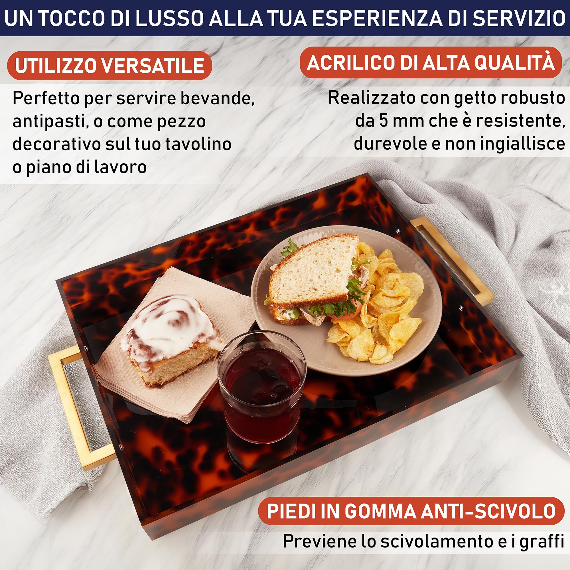 Vassoio da Portata in Acrilico con Manici Dorati, 40,6 x 30,5 cm, Vassoio Decorativo per Tavolino da Caffè, a Prova di Fuoriuscita, Cucina, Vanità, Piatto per Feste (Guscio di Tartaruga)