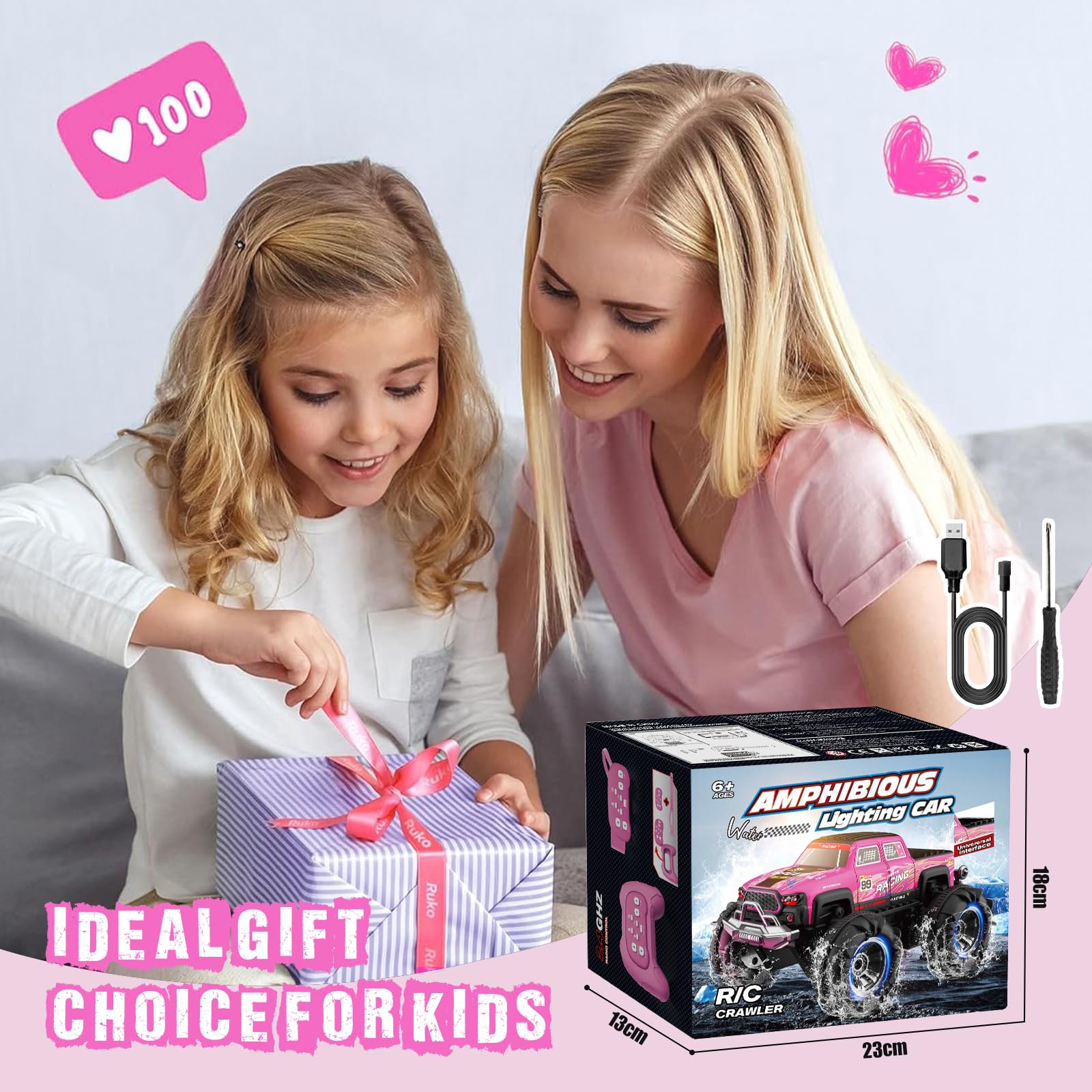 Macchina Telecomandata Anfibio, 2,4 GHZ 1:18 Monster Truck Telecomandato con Sensore Gestuale, 4WD 8,5 KM/H Macchina Radiocomandata con Luce LED e 2 Batterie Auto RC Regali per Ragazzi Ragazze