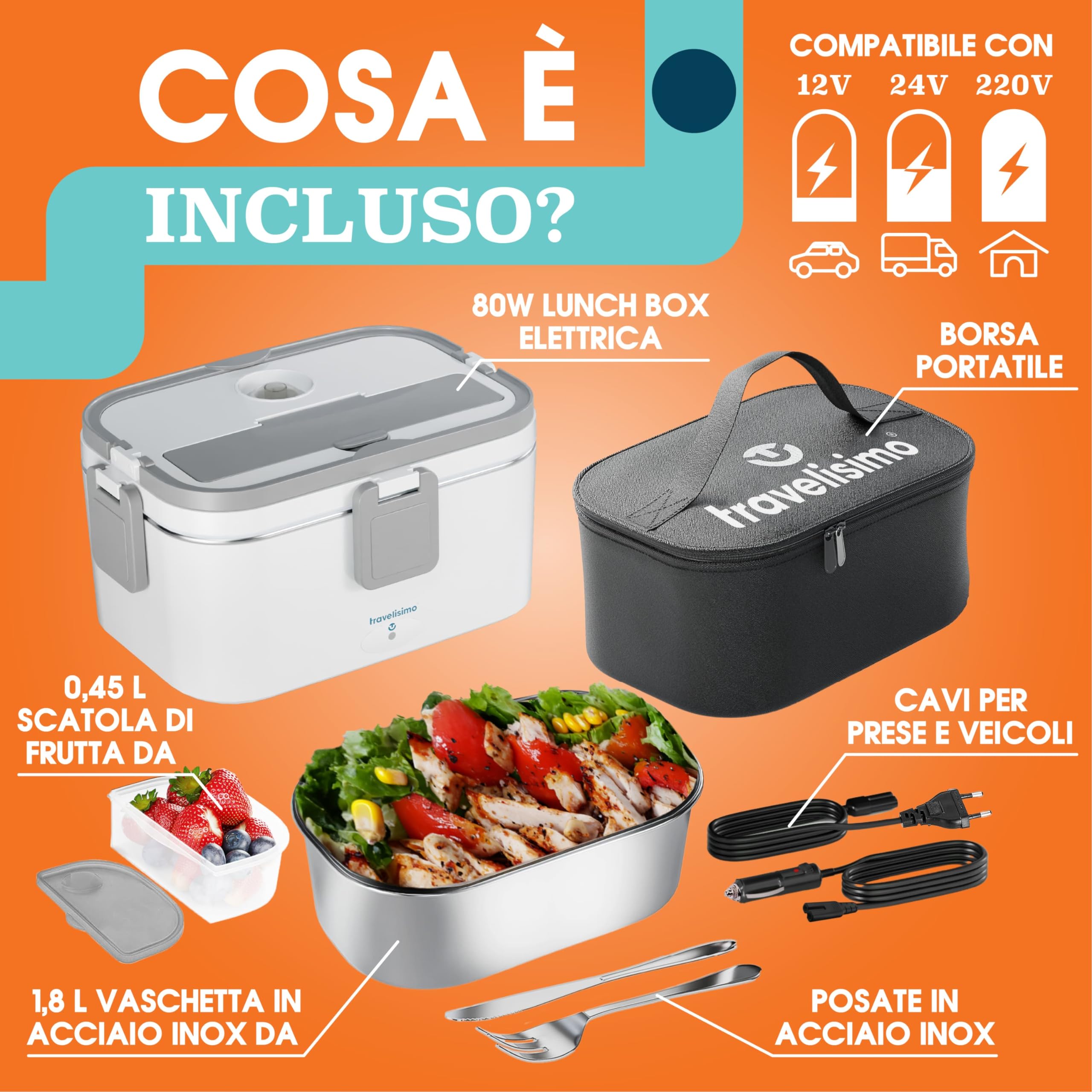TRAVELISIMO Scaldavivande Elettrico Portatile Extra Grande 1,8L 80W Portapranzo Riscaldabile Portatile, 220V/12V/24V Scalda Vivande Portatile Elettrico per Viaggio e Lavoro, Porta Pranzo Riscaldabile