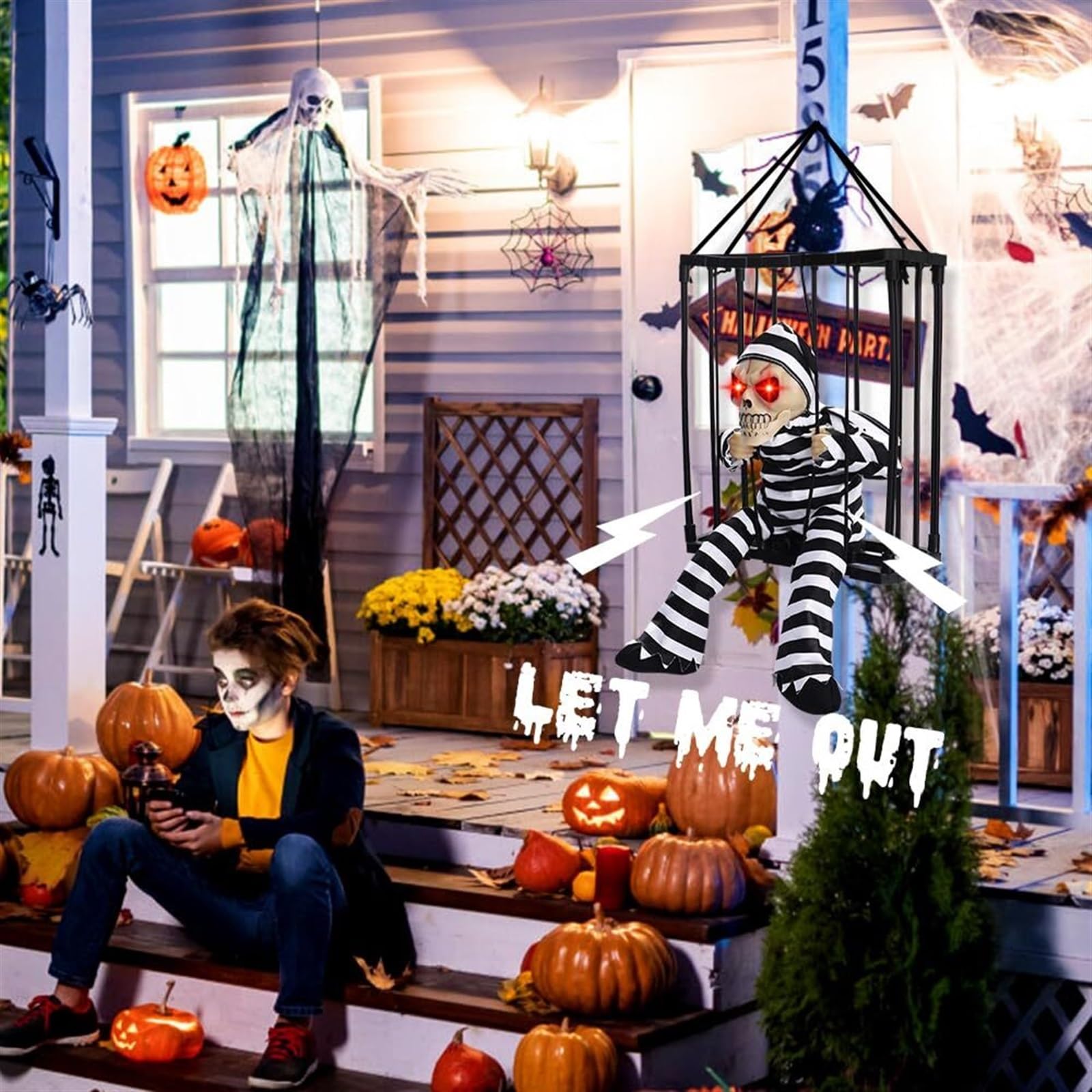 Krzyczące Animowane Wiszące Dekoracje Na Halloween Na Zewnątrz W Pomieszczeniu Straszny Szkielet Klatka Więzień Wiszący Rekwizyt Ze Strasznym Dźwiękiem Czujnik Dotykowy Podświetlane Oczy Wystrój