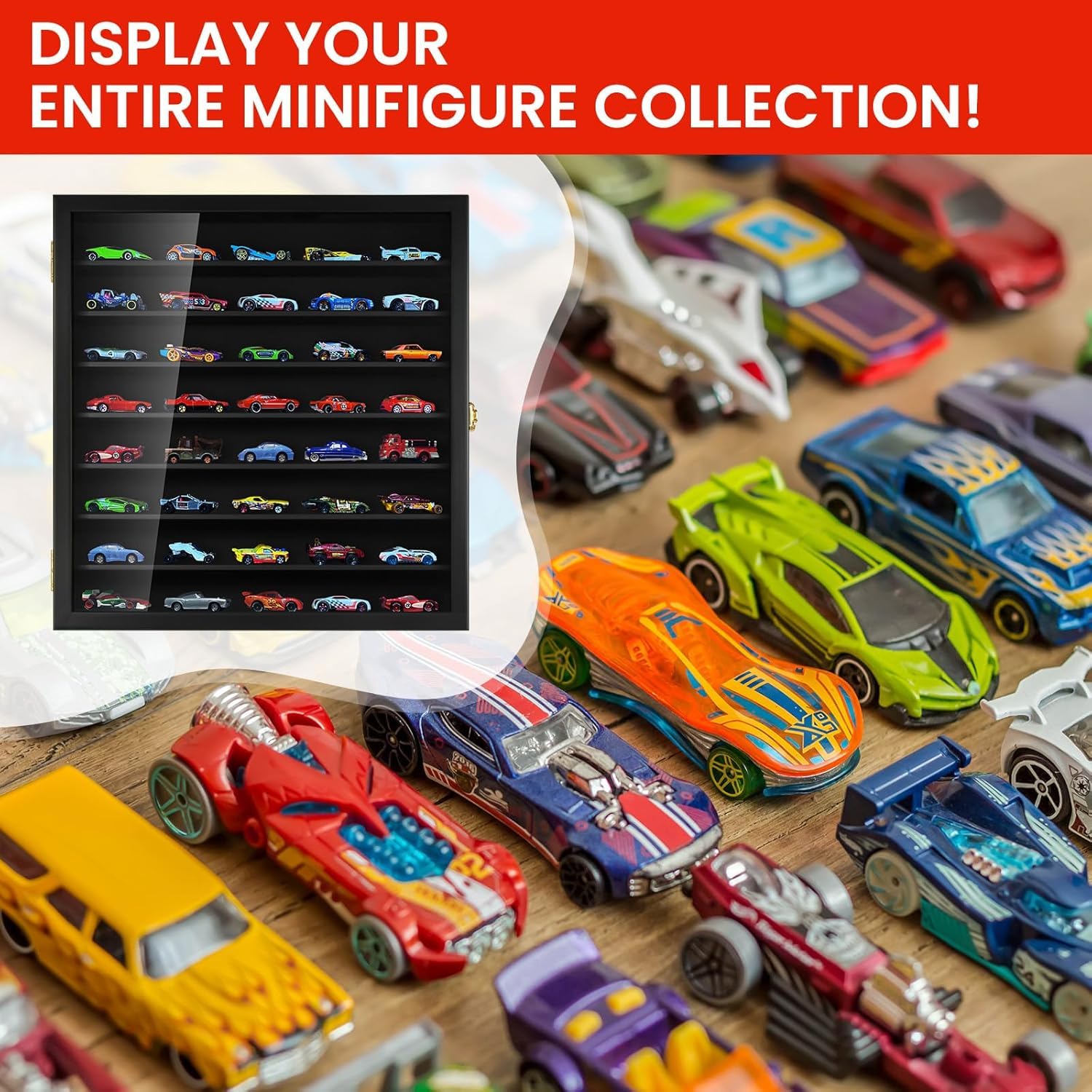 TJ.MOREE Model Car Display Case 1/64 Scale Diecast Wall-Mounted for Mini Toys and Small Wheels, Black