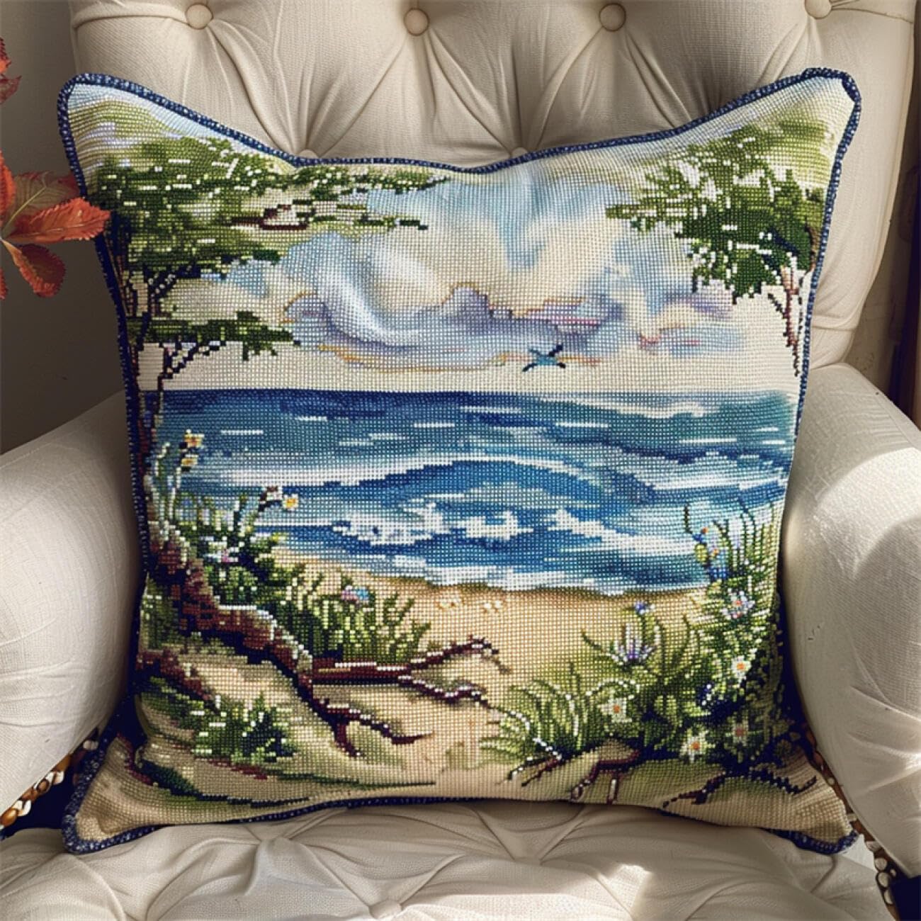 Henypt 9CT Cross Stitch Cushion Kits Fantasy Seascape DIY Cushion Embroidery Kit Needlepoint Handmade Needlework Cushions Kits Stitched Pillow Cover Set for Adults Beginners 45x45cm