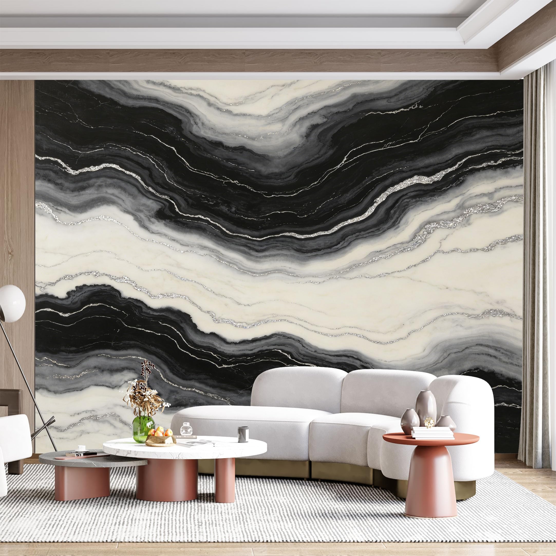 Custom Size Wall Mural Black White Agate Marble Geode Stone Effect Textured Modern Abstract Metallic Glitter SelfAdhesive Wall Fabric Removable for Home Office Decor