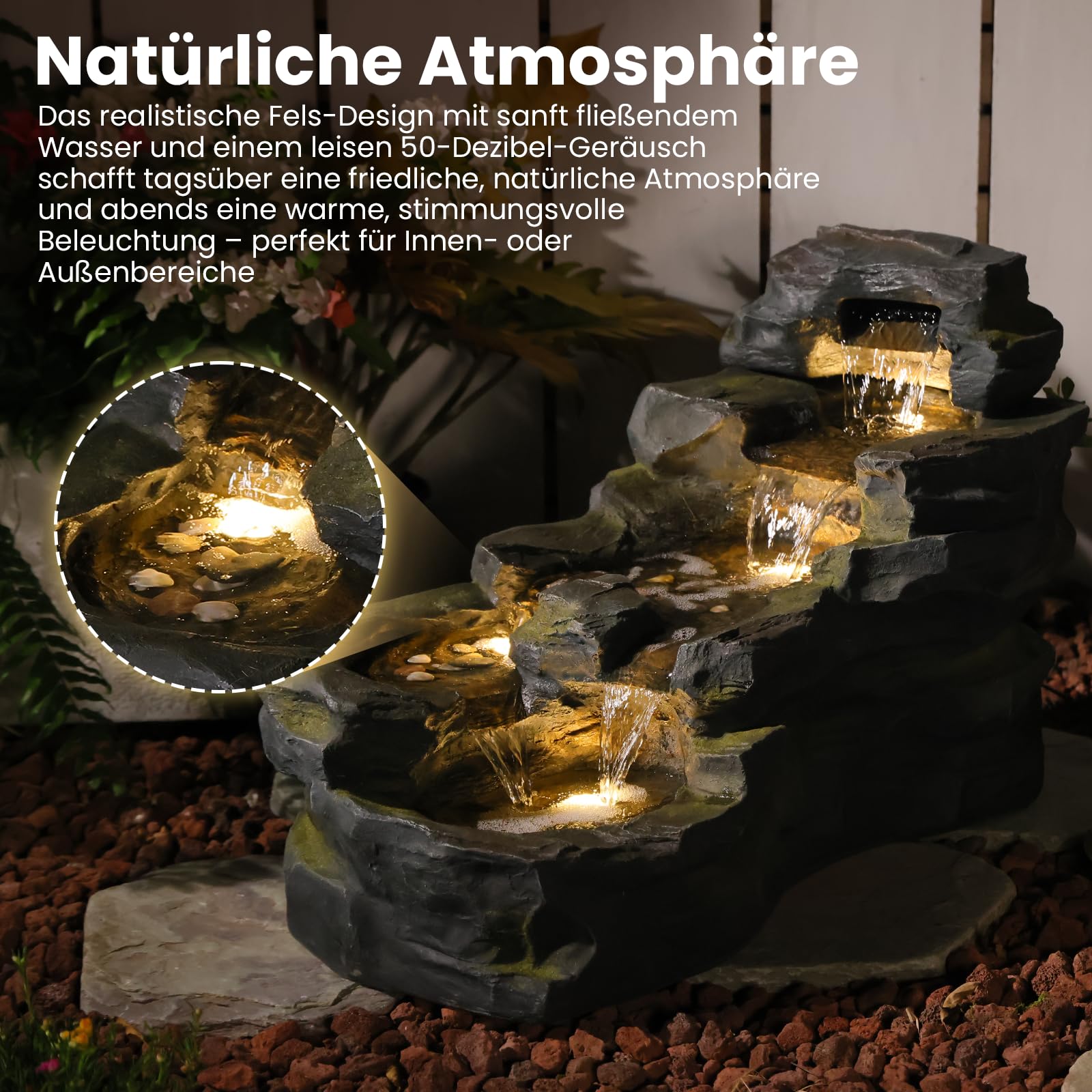 Bumilgar Solarbrunnen mit LED-Beleuchtung, 5-stufiger Etagenbrunnen aufstellbar, Naturstein-Optik Wasserfall-Brunnen für Terrasse, Balkon | Garten-Dekoration & Wohnaccessoire | 94 x 49 x 53 cm