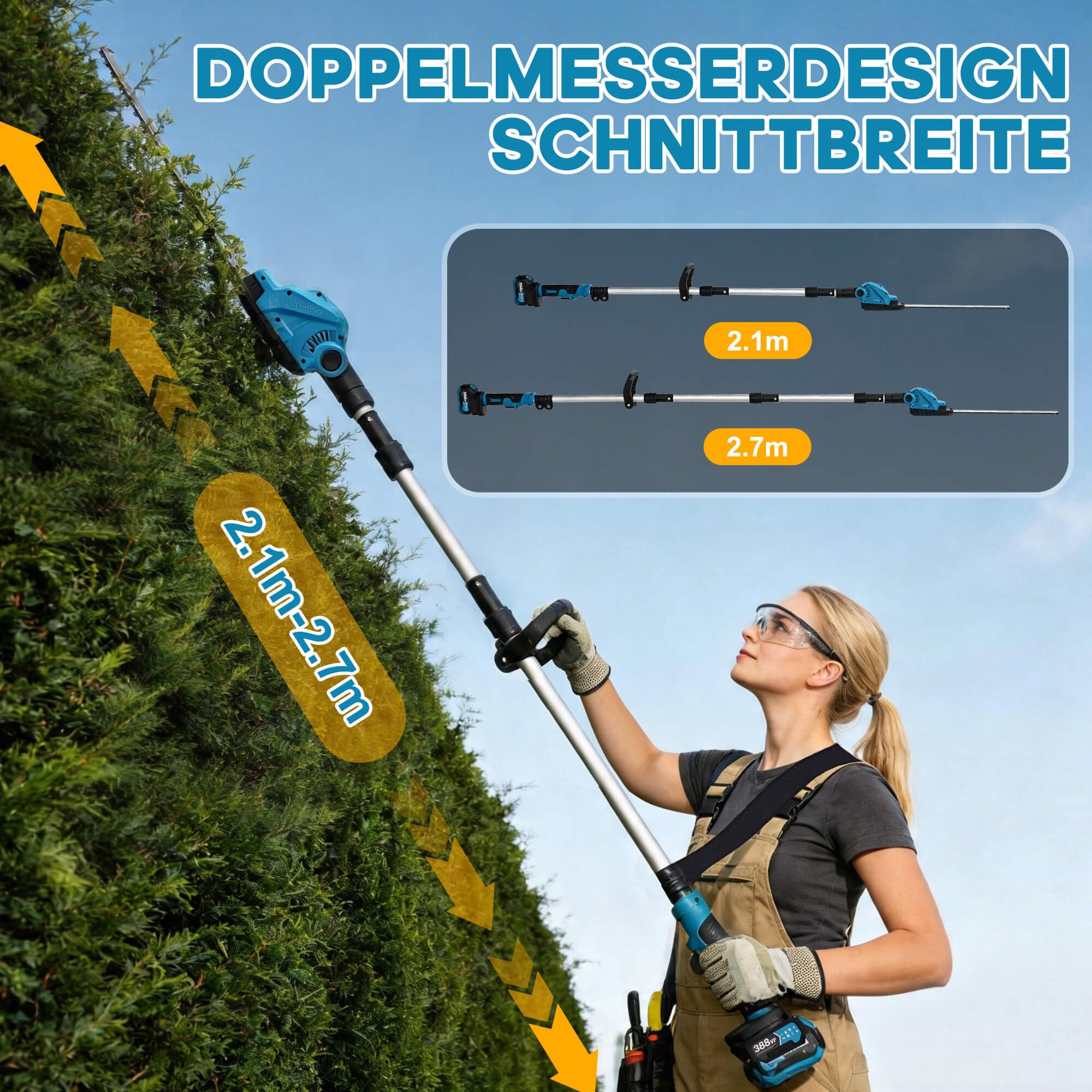 Teleskop Heckenschere Akku für Makita Akku 18V Höhe bis 2.7m | 48cm Schnittbreite, Zinkenabstand 16 mm,150° winkelverstellbarer Schneidkopf