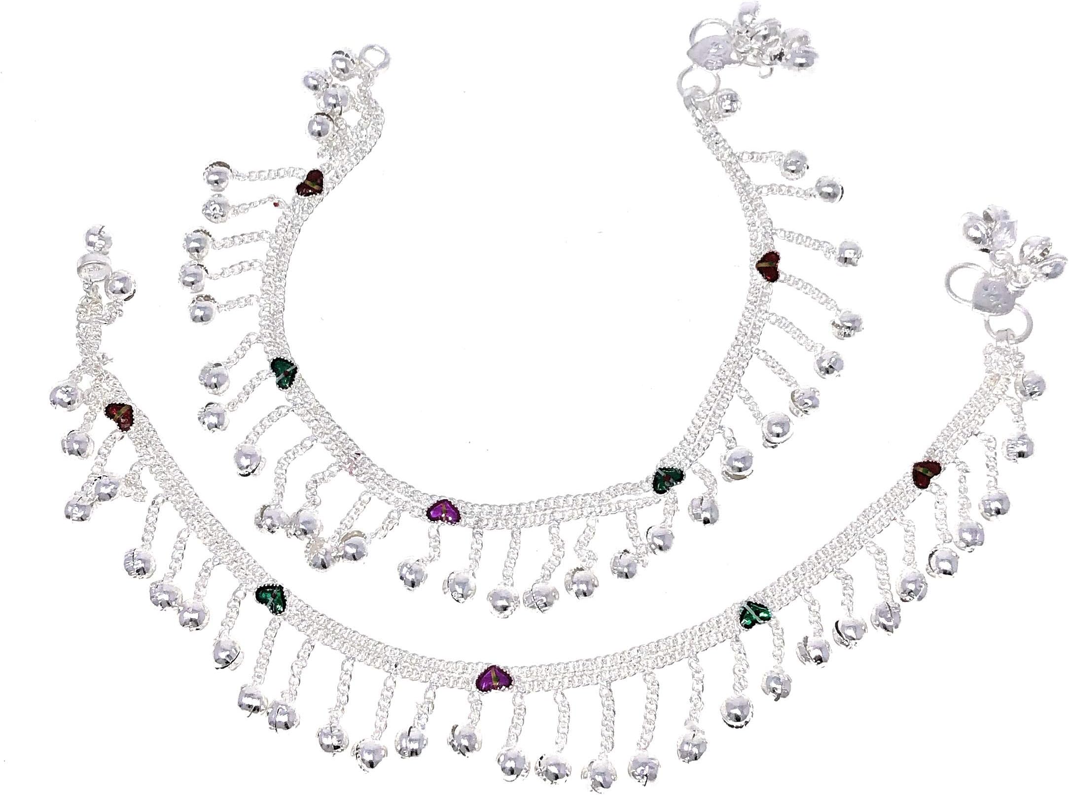 Traditional Indian Anklet Payal Sets for Women, Silver-Tone Chain Designs with Soft Bells, Pearls, Enamel, and Bead Charms, Easy-to-Wear S-Hook Clasp, Bridal Wedding Party Dance Jewelry