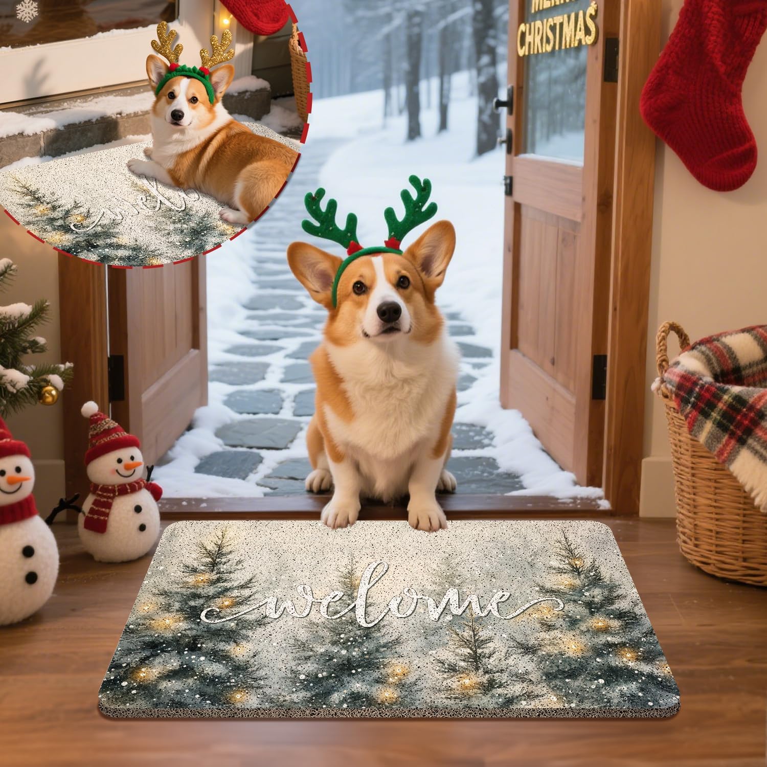 Glitter Winter Christmas Tree Welcome Mats for Front Door, Snowy Xmas Tree Door Mat Outside Entrance, Winter Snow Forest Christmas Doormat for Outdoor Indoor Entryway, 17x30 Inches