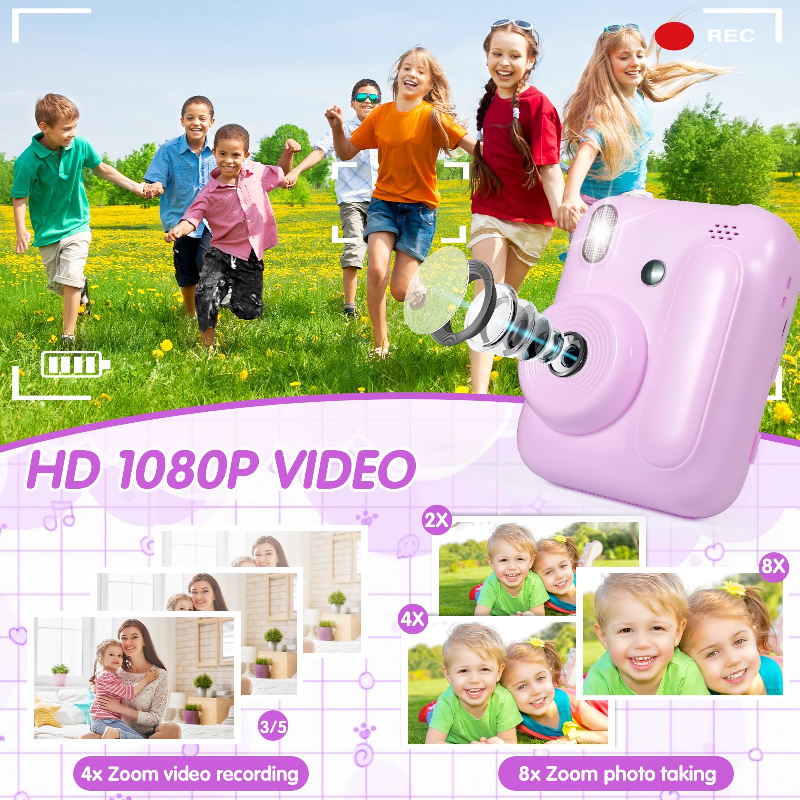 Appareil Photo Instantané, 2.4" Écran Appareil Photo Enfant avec Papier d'impression et Carte 32GB, 1080P Appareil Photo Numérique Enfant, Cadeau Jouet pour Enfant Garçons Filles de 3-14 Ans