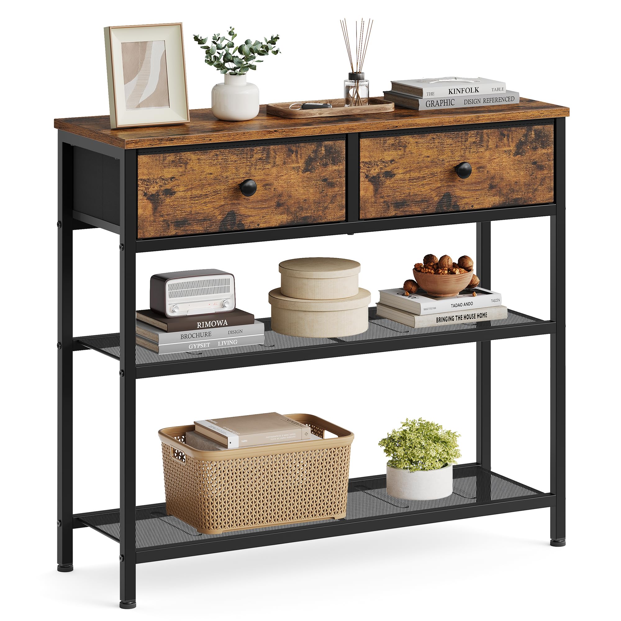 SONGMICS Collection โ Console Table, Narrow Sofa Table with 2 Mesh Shelves for Living Room, Hallway, 30 x 76.7 x 78.7 cm, 2 Fabric Drawers, Rustic Brown BELLAH LGS075K101