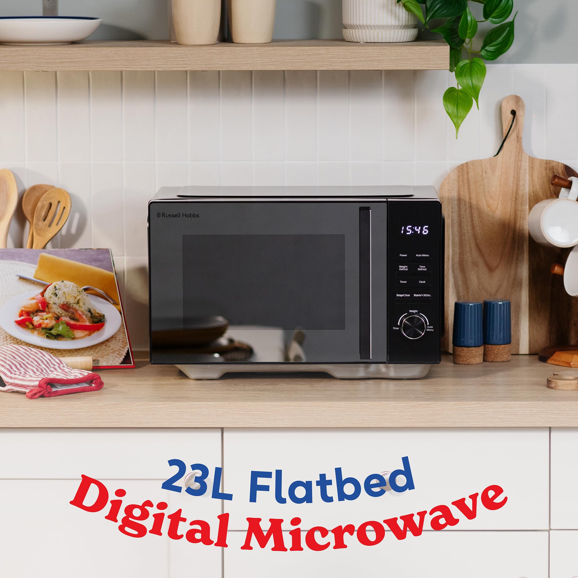 Russell Hobbs 23L Flatbed Digital Microwave with 800W Power, 8 Auto-Cook Menus, Defrost Function and Child Lock in Black, RHFM2365B — view 3