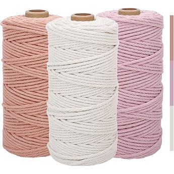 3 x Macrame Yarn 3mm x 100m Cotton Macrame Cotton Yarn Cotton Rope Macrame Yarn Colorful Cotton Craft Cord for Hanging Plant Hangers Crafts Knitting Beige Light Pink Leather Pink