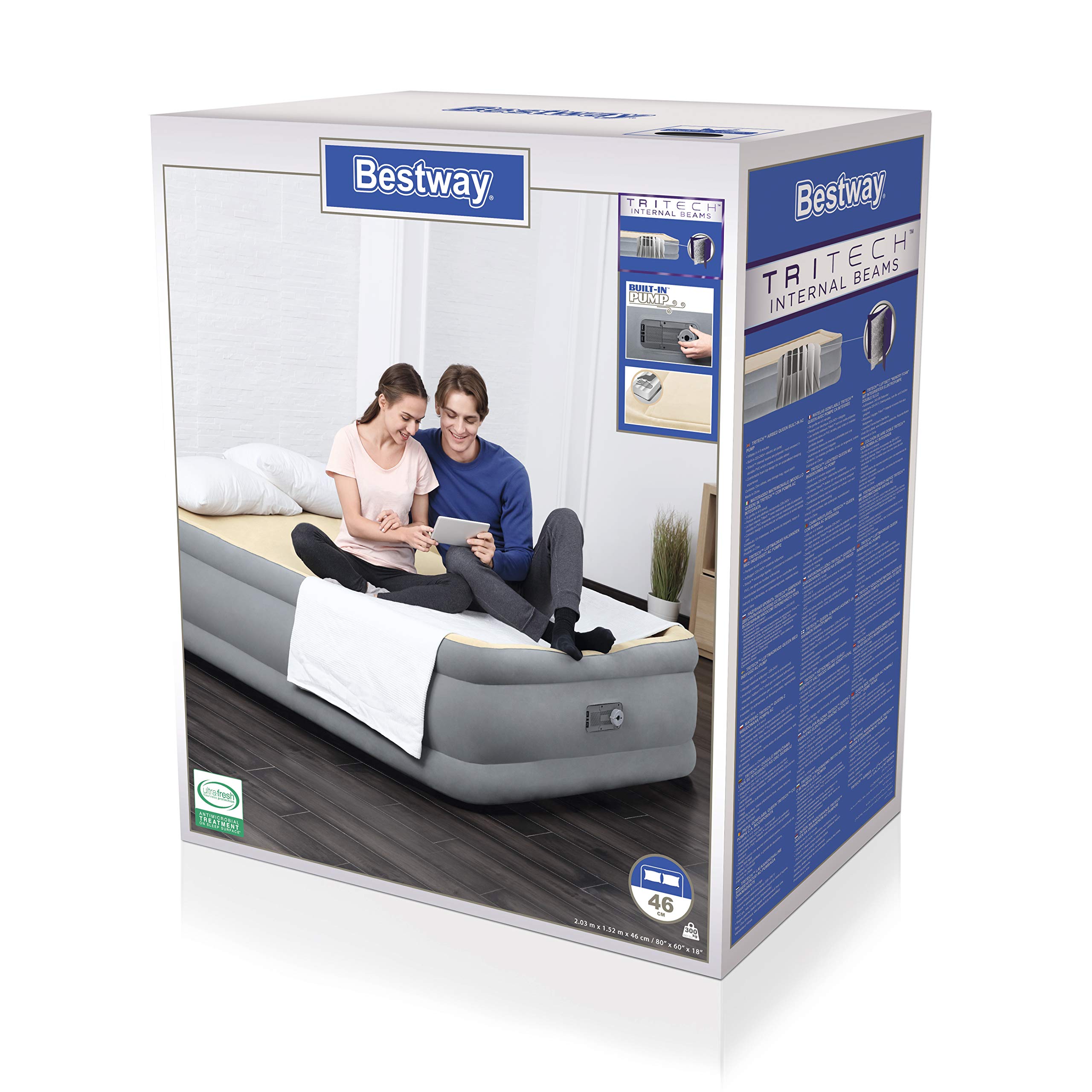 Bestway 67486-3 Materasso gonfiabile matrimoniale Foam Top da 2.03 m x 1.52 m x 46 cm con pompa integrata