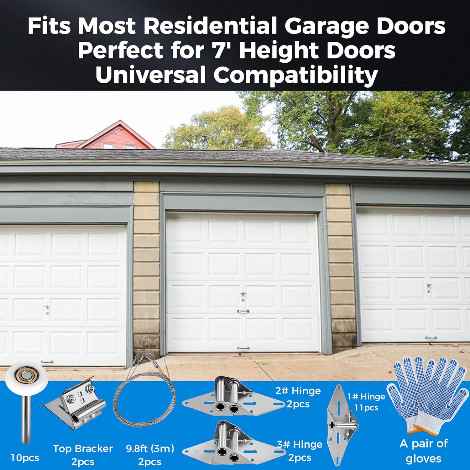 2026 Upgraded Garage Door Hardware Kit - 10 Nylon Rollers, 15 Hinges, 2 Top Brackets, 2 x 118 Wire Ropes | Fits 16'x7' and 18'x7' Height Double By Romalon