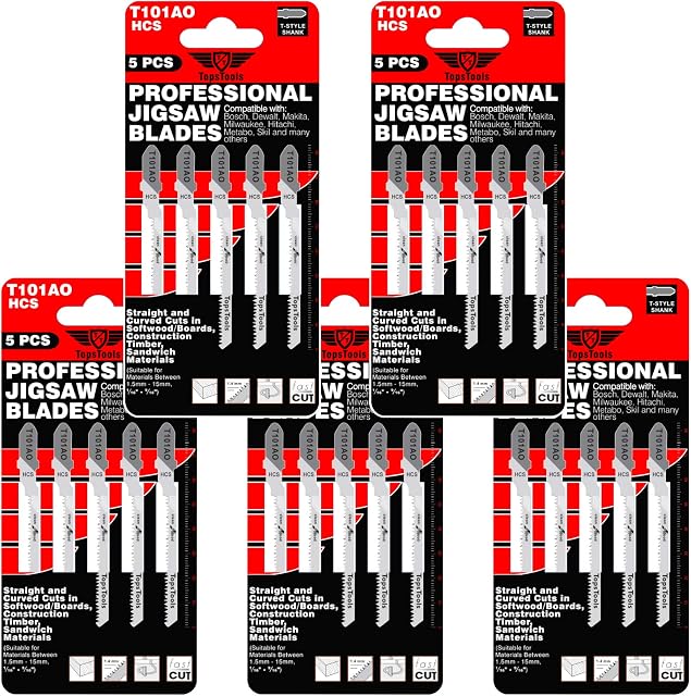 25 x TopsTools T101AO Straight and Curved Cuts Jigsaw Blades Compatible with Bosch, Dewalt, Makita, Milwaukee and many more