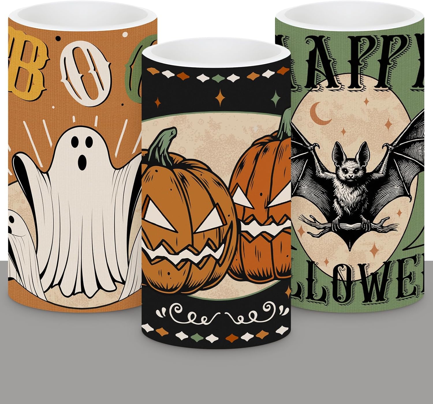 Retisee 3 Pcs Vintage Halloween Flameless Pillar Candles with Remote Control, Halloween Ghost Bat Pumpkins LED Flameless Candles for Home Bedroom Living Room Decorations
