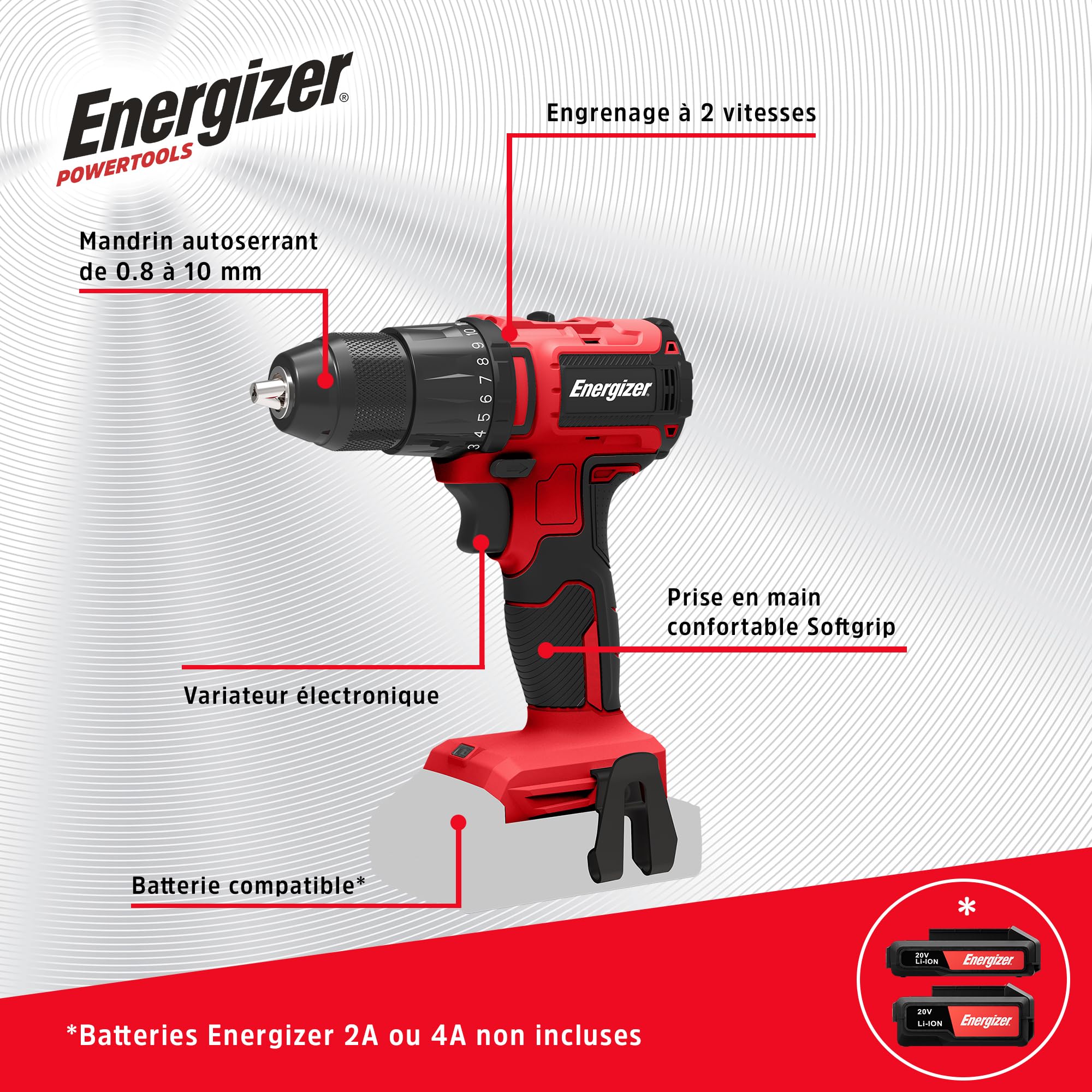 Energizer - Wiertarka akumulatorowa 20 V ultralekki moment obrotowy 40 Nm, 2 prędkości (1850 obr./min), uchwyt 10 mm, w zestawie 2 baterie 20 V 2 AH + szybka ładowarka, narzędzie o wysokiej wydajności
